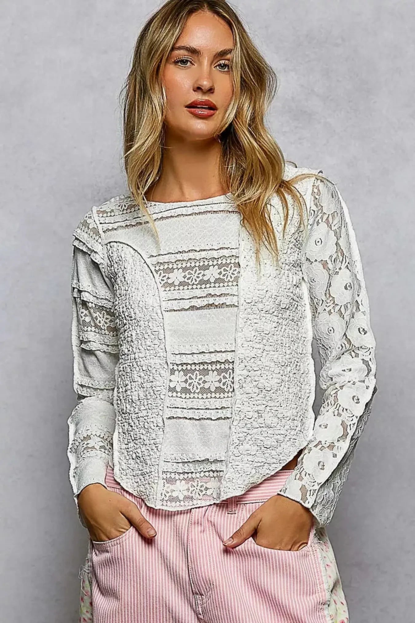 POL Round Neck Long Sleeve Exposed Seam Top with Lace Detail -