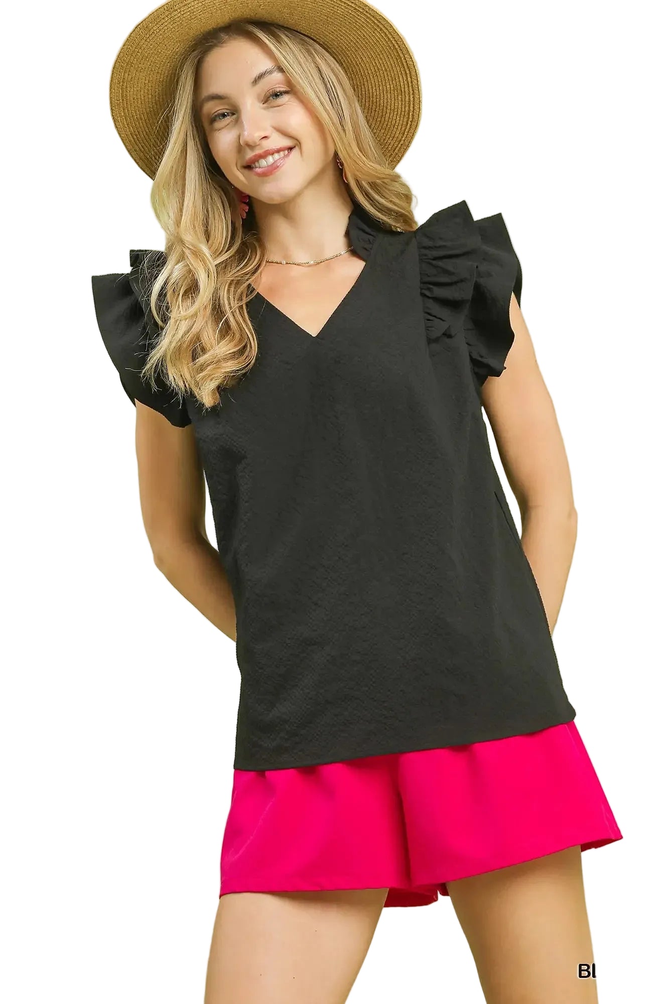 Umgee Textured Ruffle Sleeve V-Neck Blouse -
