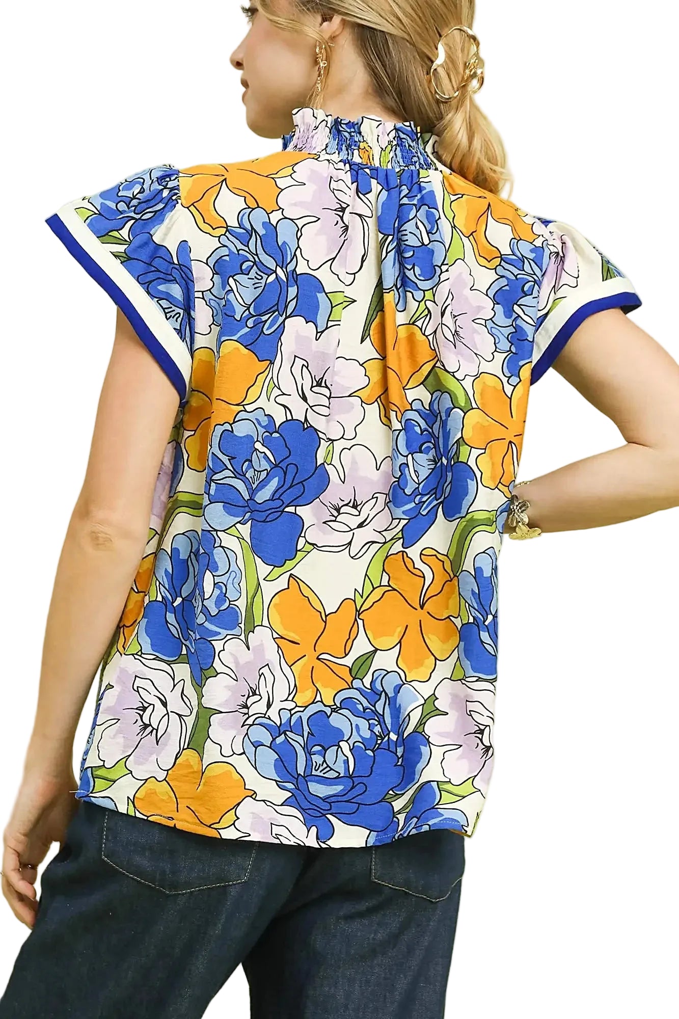 Umgee Floral Print Blouse with Contrast Trim -