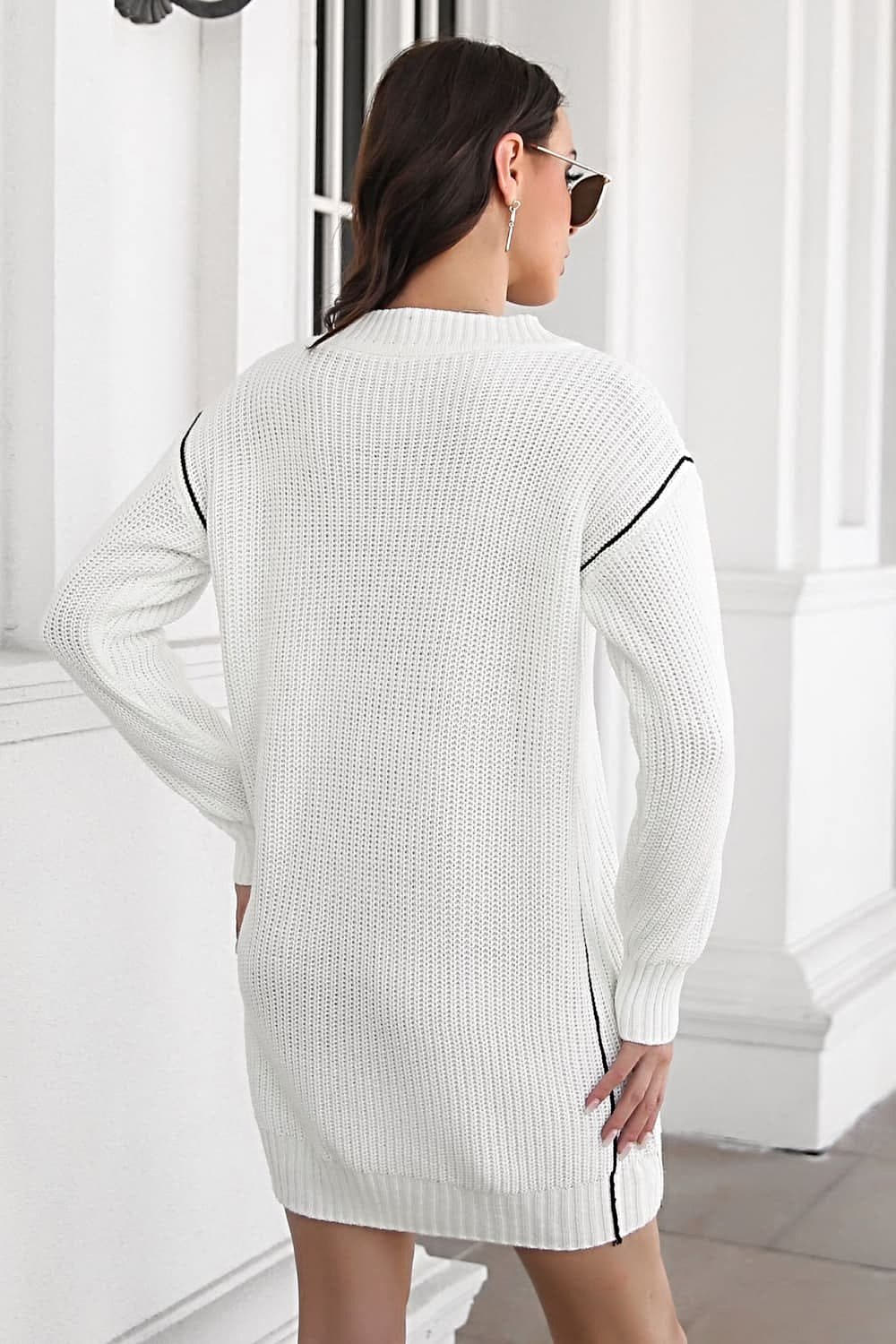 Elegant V-Neck Sweater Dress with Ribbed Long Sleeves - Casual Mini Length in 100% Acrylic Trendsi
