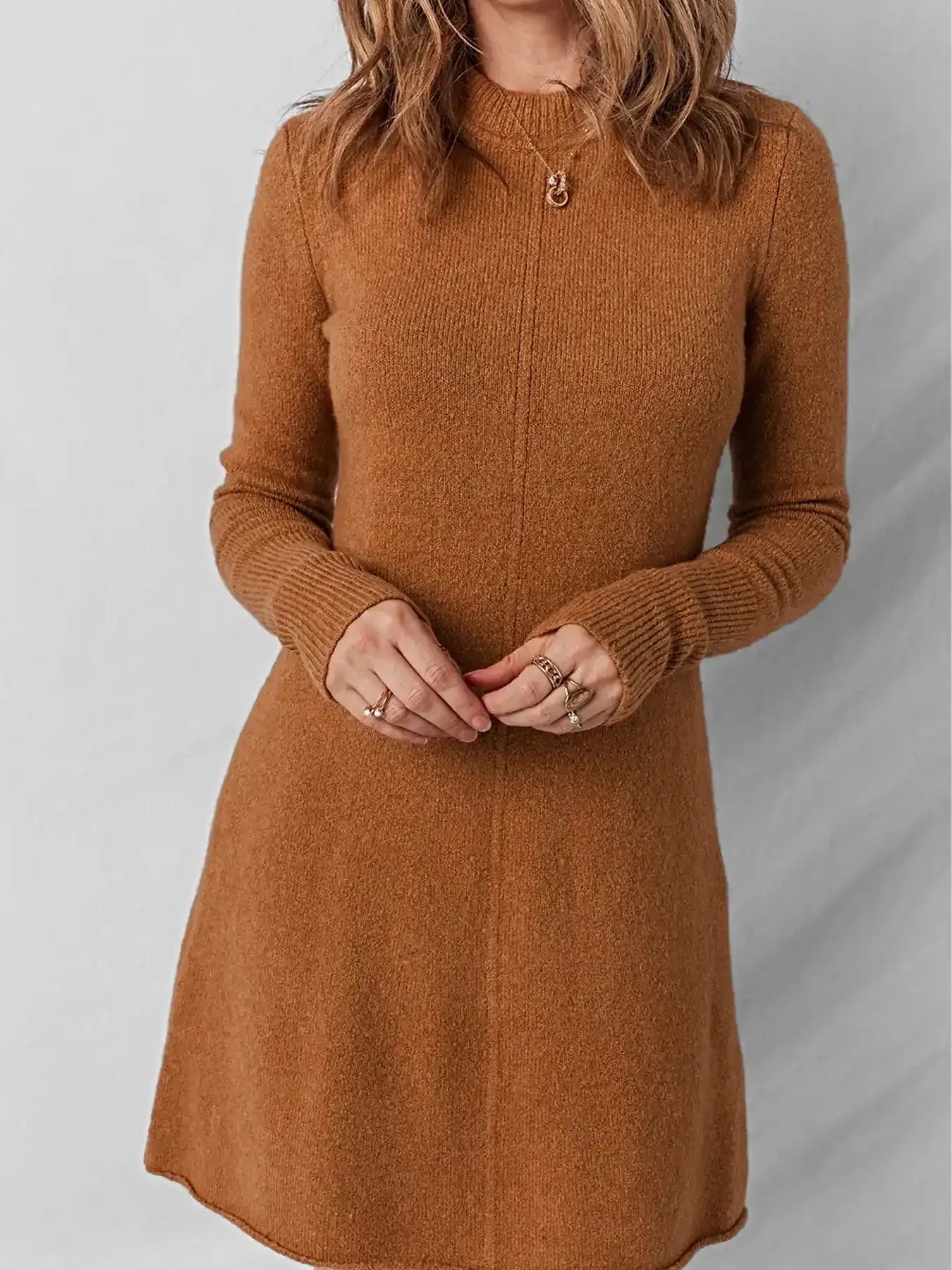 Ribbed Detail Solid Color Mini Sweater Dress -