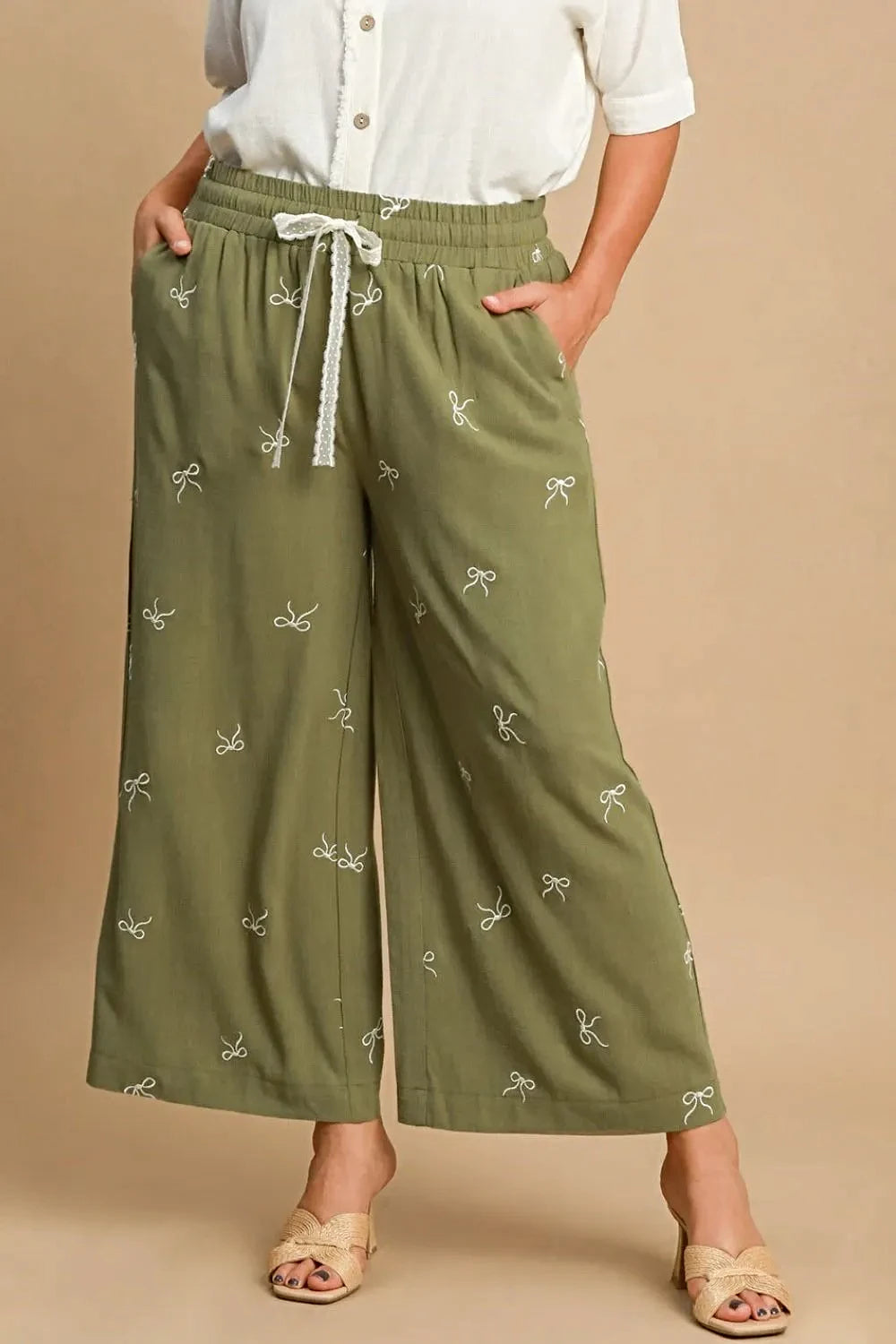 Umgee Full Size Lace Drawstring Embroidered Bow Wide Leg Pants Plus Size -
