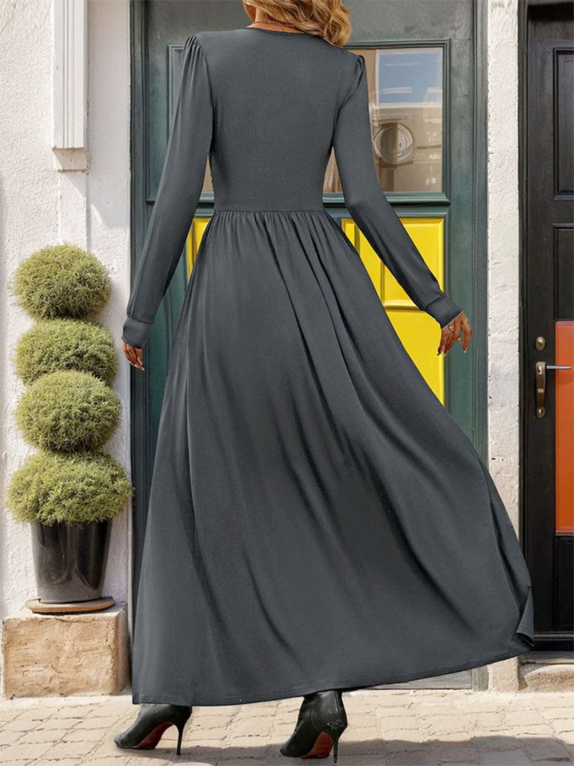 Luxe Lace Detail Dress with Slit and Ruched V-Neck Long Sleeve - Elegant Style by Trendsi Trendsi