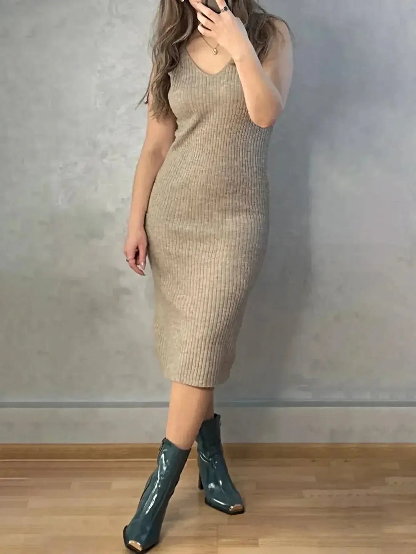 V-Neck Cami Dress and Open Front Cardigan Sweater Set -