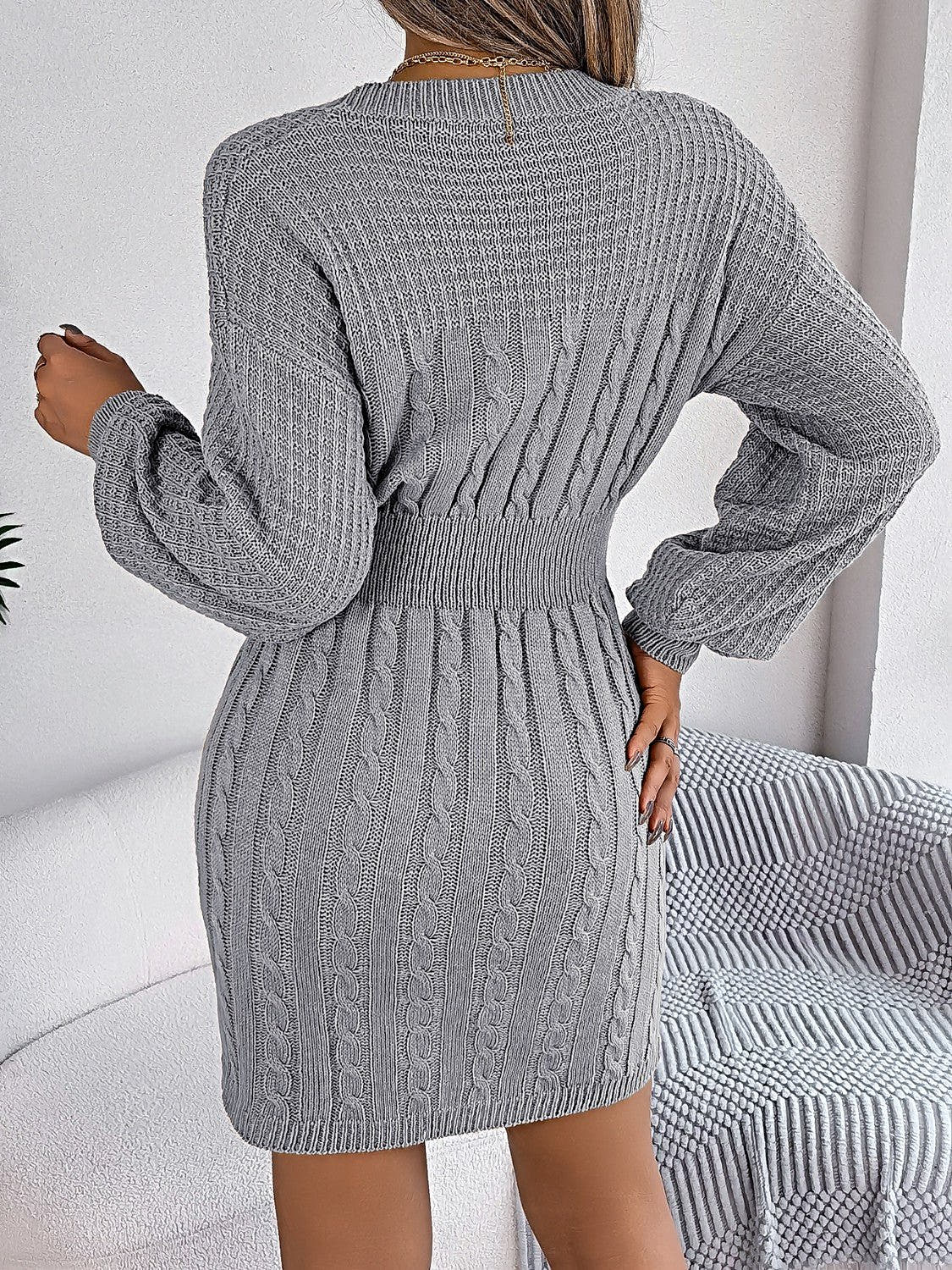 Luxurious Cable Knit Sweater Dress With Cutout Design, Round Neck & Slit Detail Trendsi