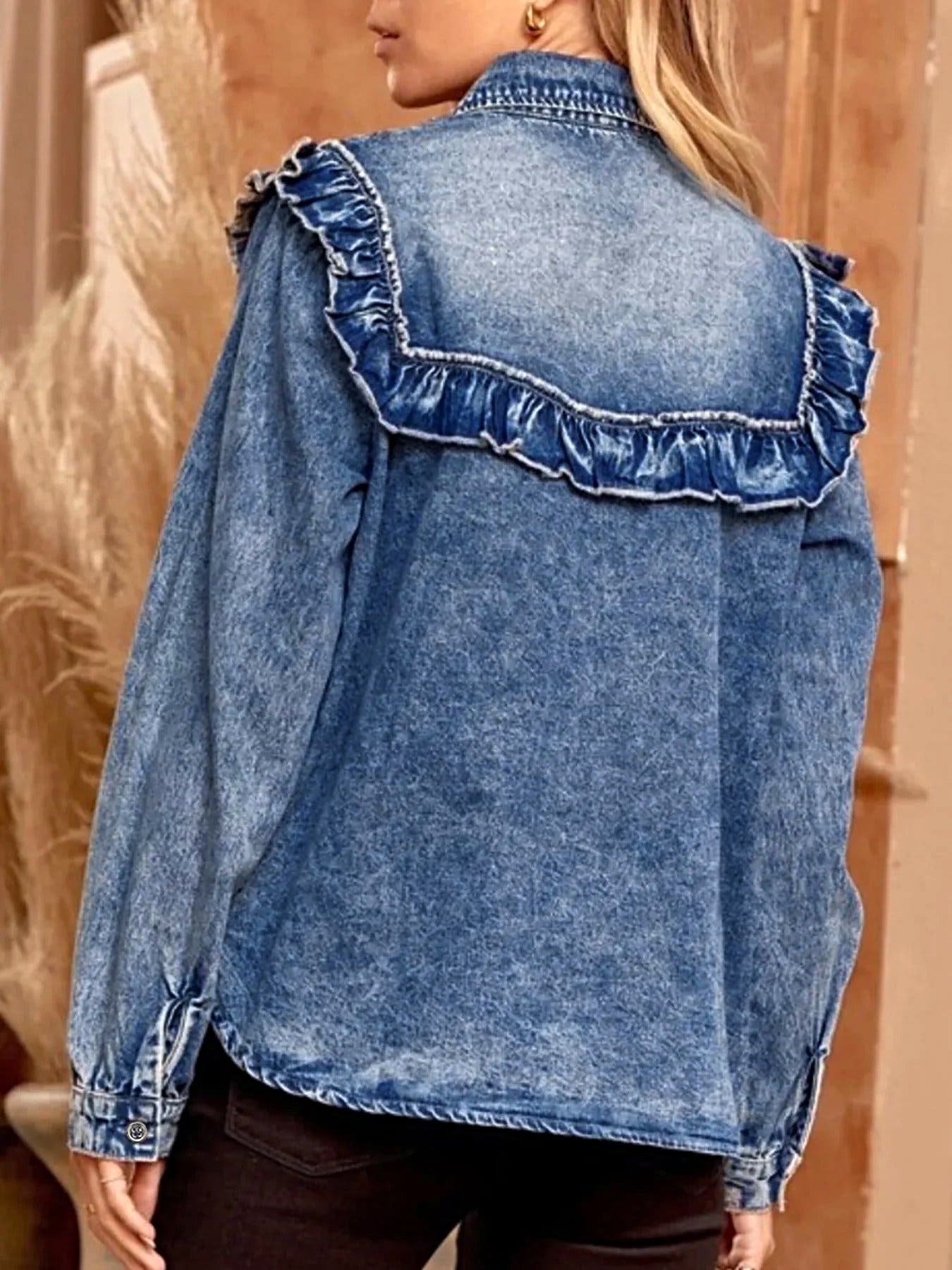 intage Wash Denim Ruffle Detail Button Down Shirt -