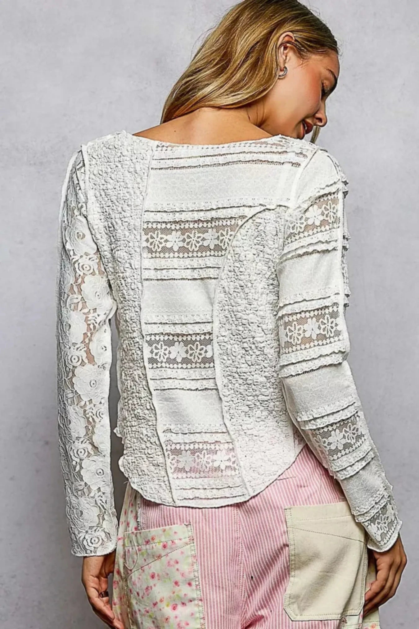 POL Round Neck Long Sleeve Exposed Seam Top with Lace Detail -