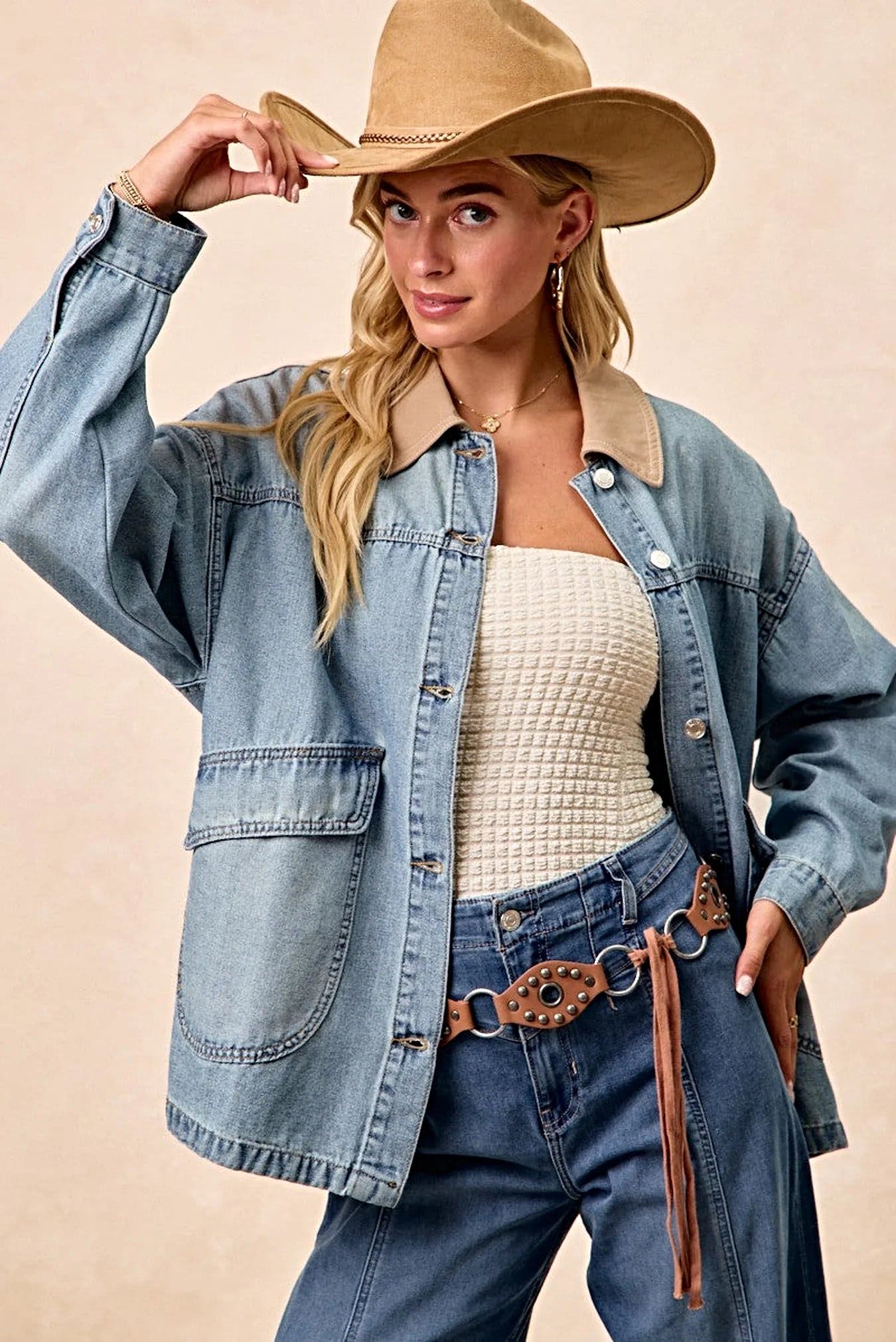 BiBi Washed Denim Jacket with Contrast Collar Detail -