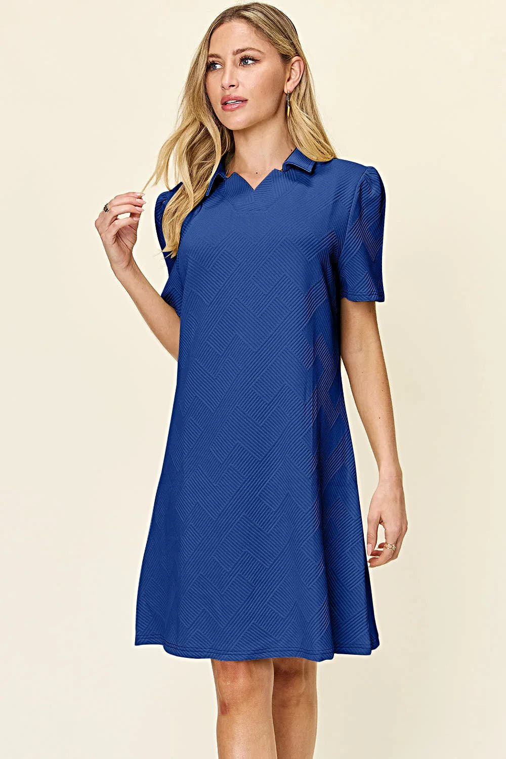 Elegant Double Take Short Sleeve Collar Dress - Textured Opaque Design, Slightly Stretchy, Machine Washable Trendsi