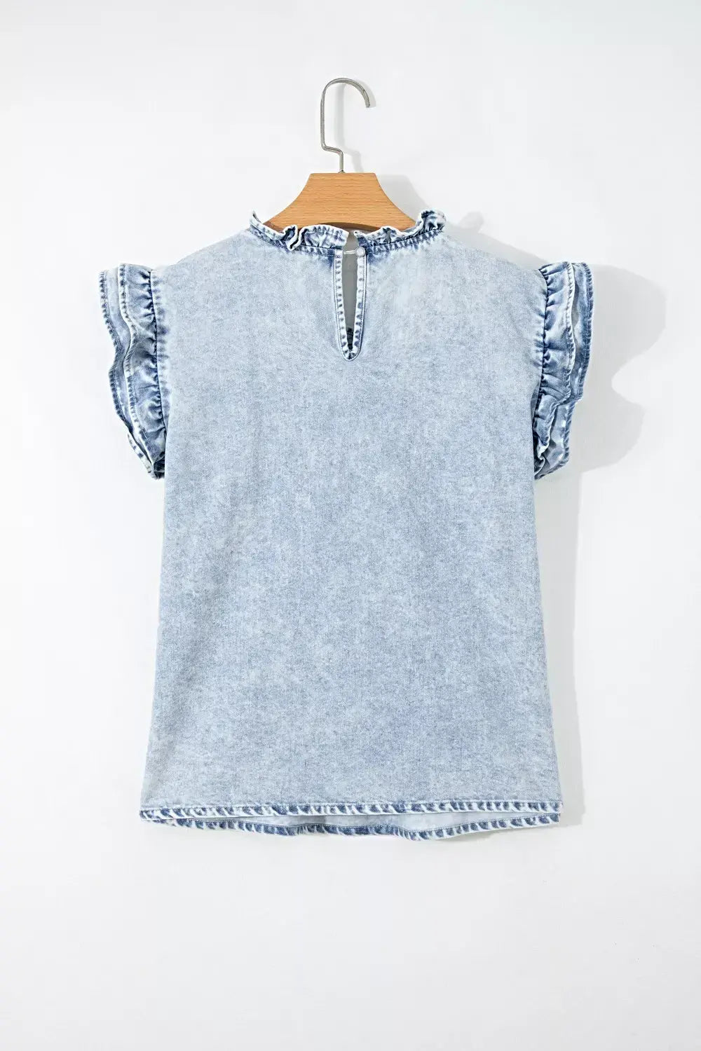 Ruffle Pleated Detail Vintage Washed Denim Top -