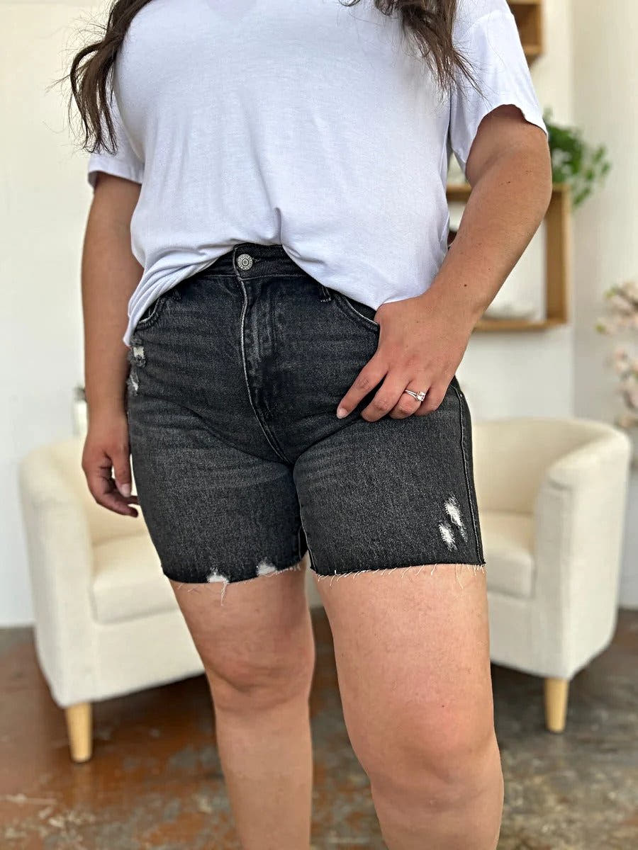 Judy Blue High Waist Denim Shorts - Full Size, Rigid Magic Fit with Raw Hem, Elevate Your Summer Style Trendsi