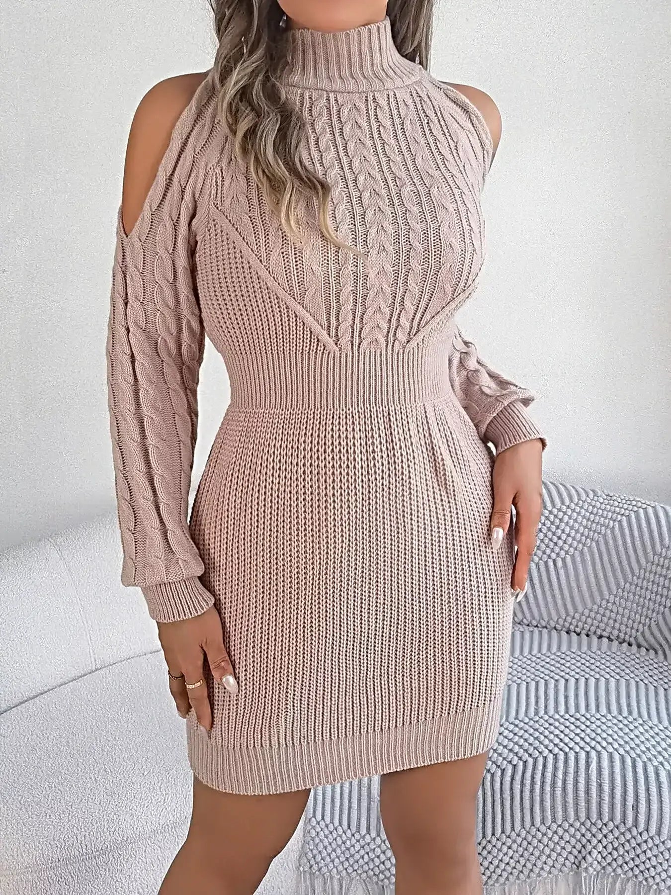 Cold Shoulder Cable Knit Turtleneck Sweater Dress -