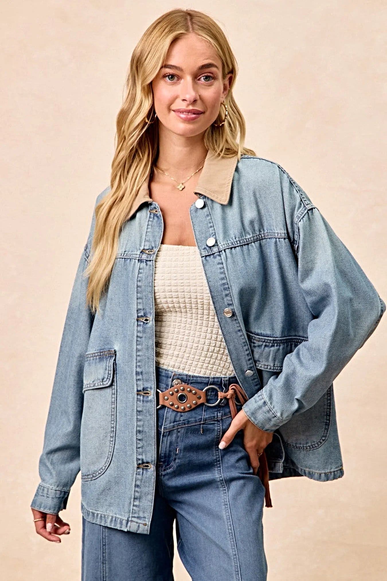 BiBi Washed Denim Jacket with Contrast Collar Detail -