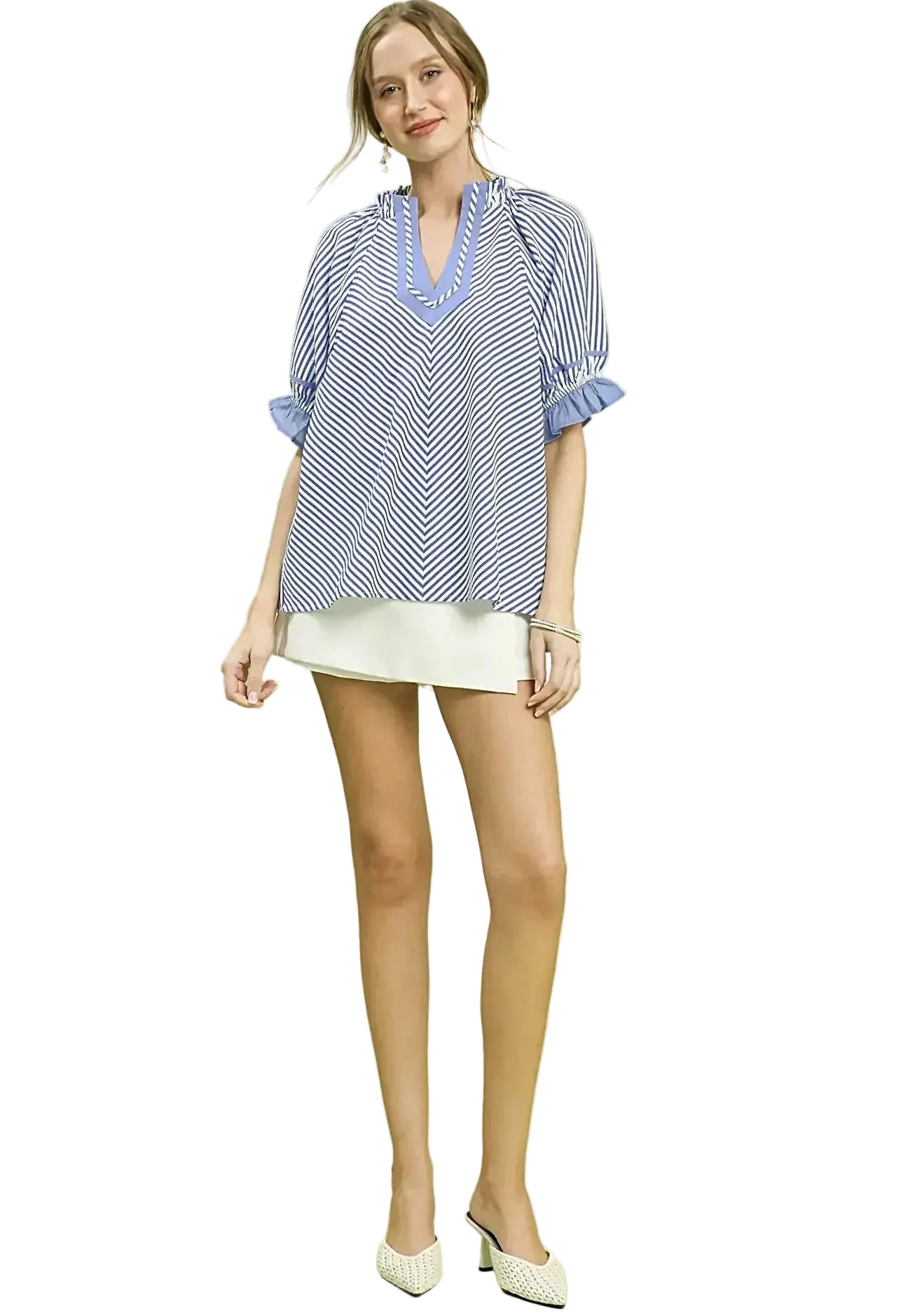 Umgee Stripe Ruffle Sleeve Split-Neck Blouse -
