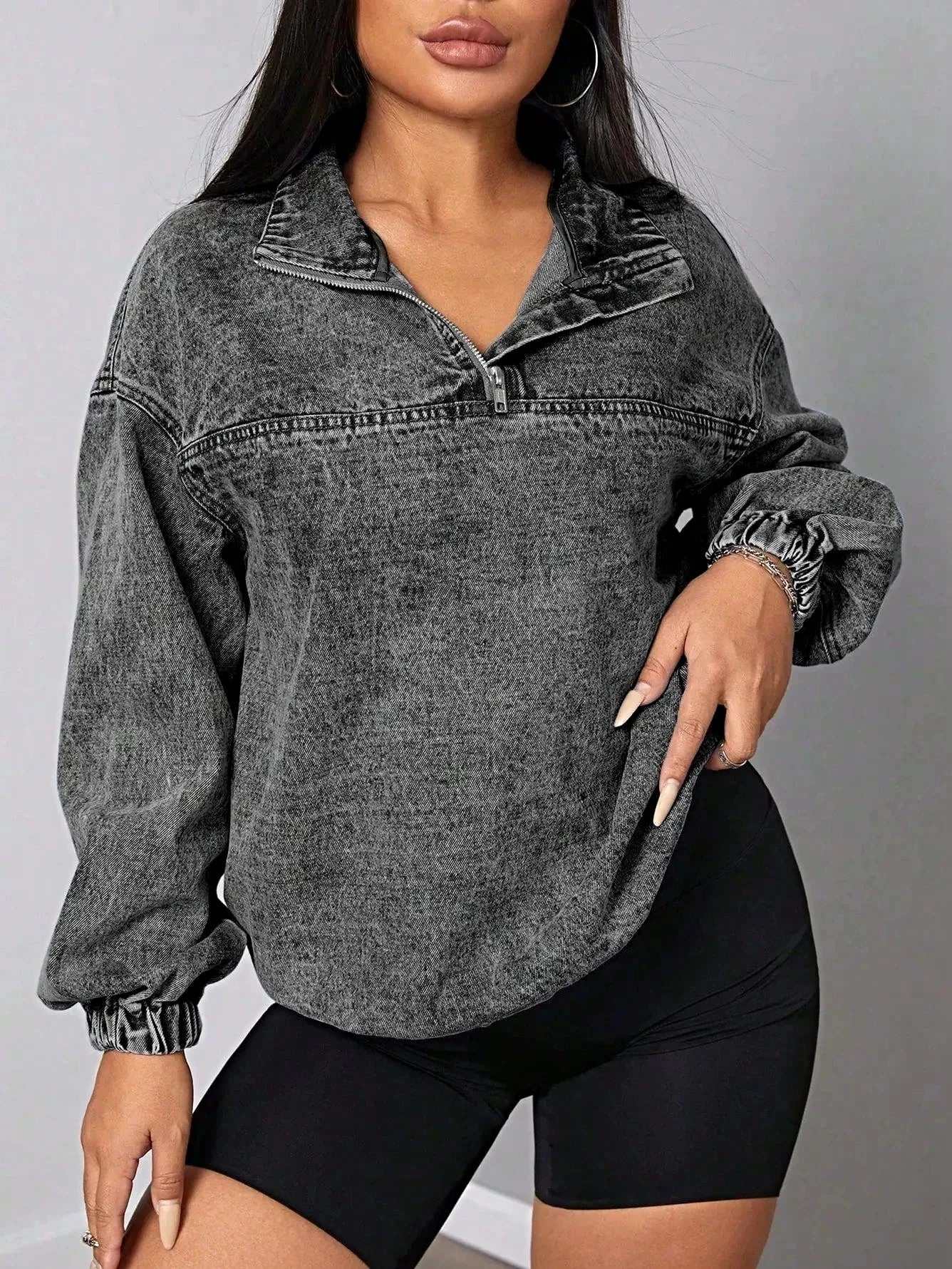 Elastic Hem Quarter Zip Denim Top -
