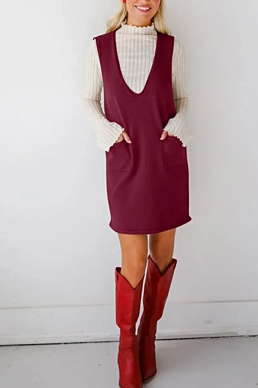 Lovelet Pocketed V-Neck Mini Sweater Overall Dress -