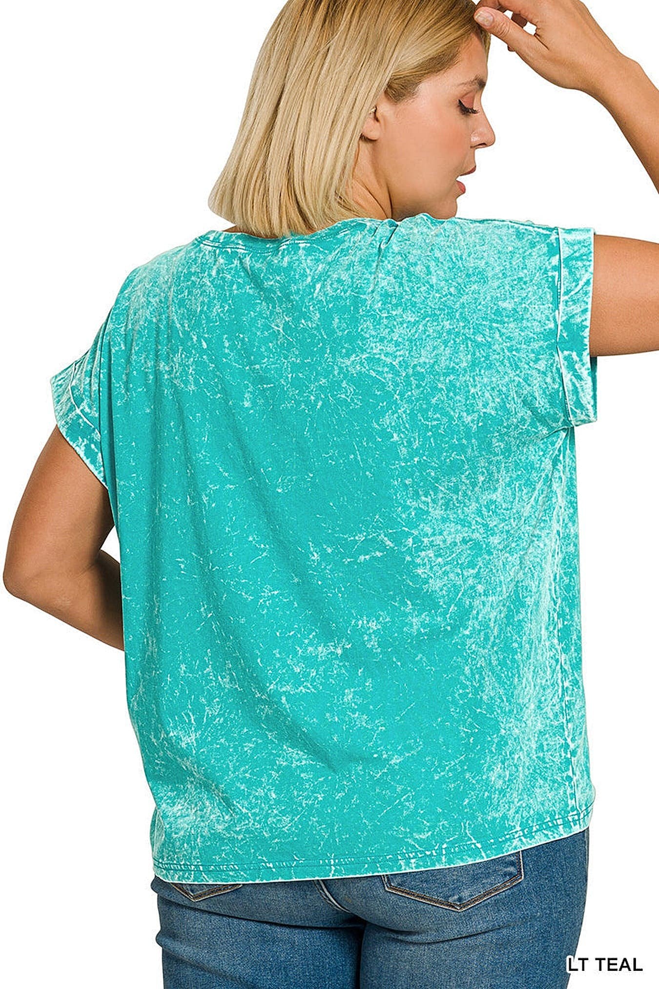 Zenana Full Size Crinkle Washed Round Neck Folded Short Sleeve Tee Plus Size -