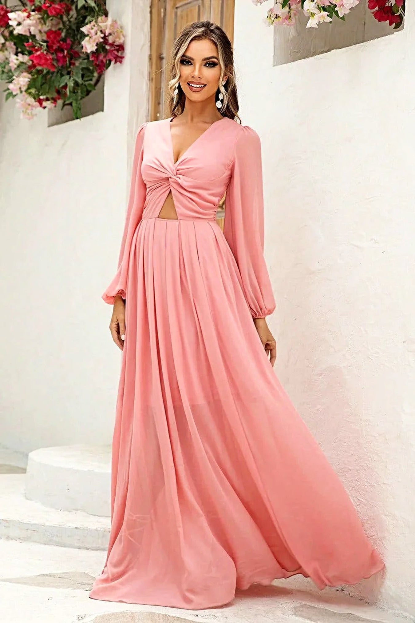 Chic Twist Front Cutout Long Sleeve Women's Fashion Dress in 100% Polyester Trendsi