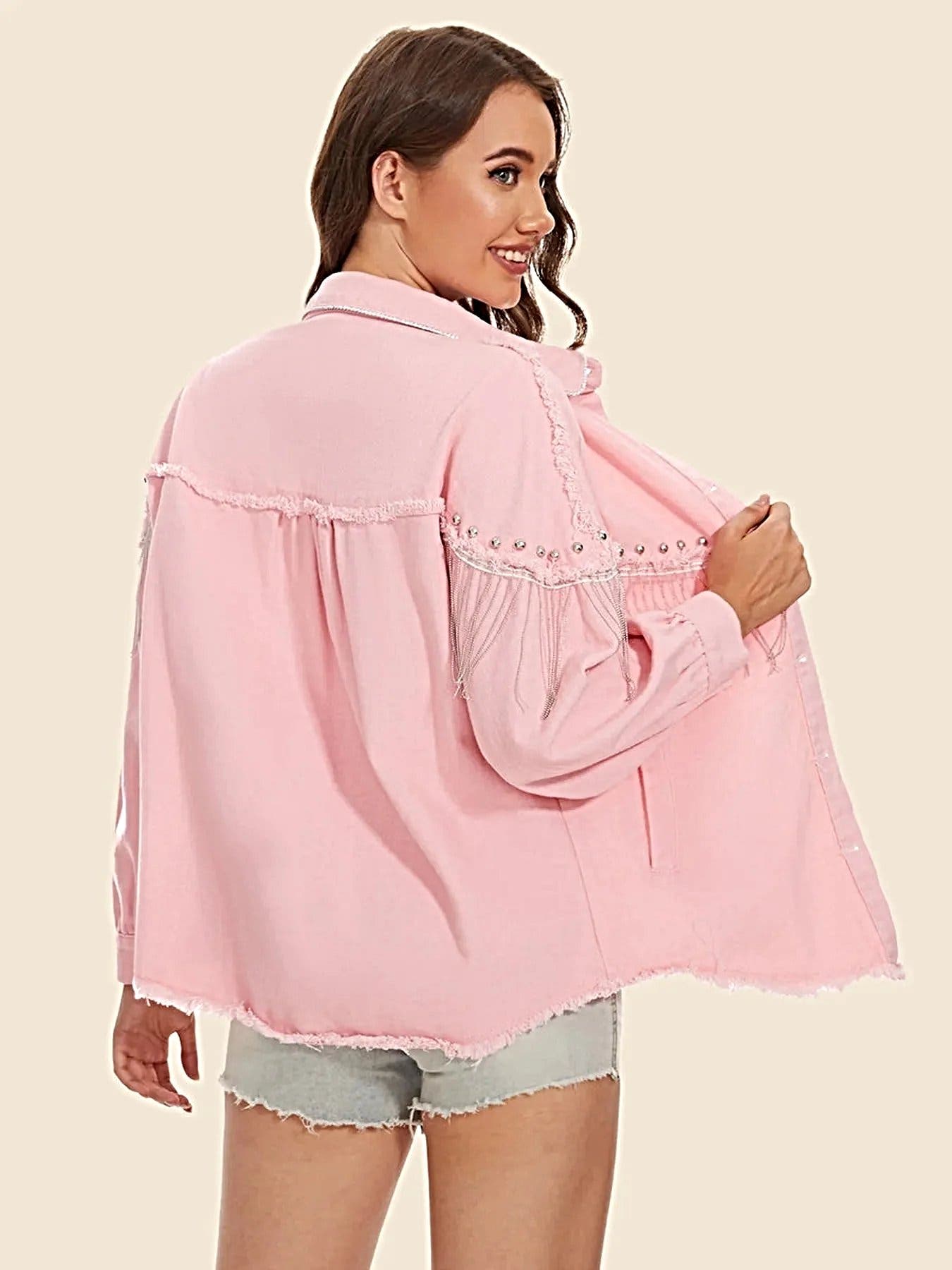 Raw Hem Fringe Detail Denim Jacket -