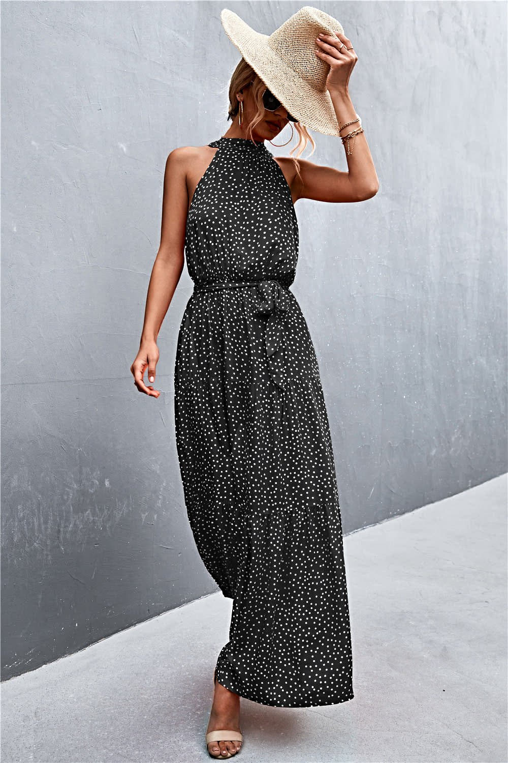 Grecian Printed Tie Waist Maxi Dress with Sleeveless Design and Polka Dot Floral Pattern Trendsi