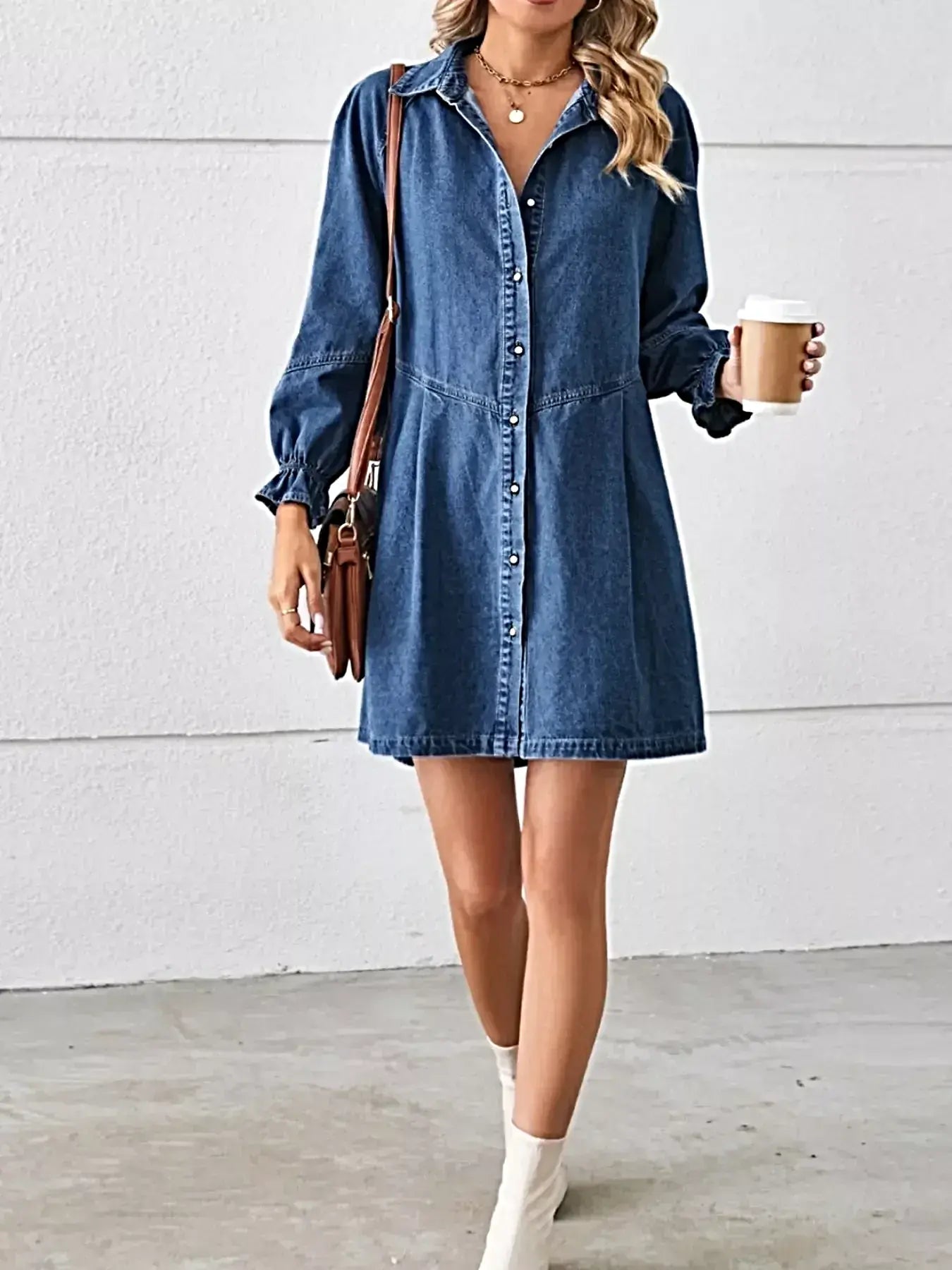 Button Down Ruffle Cuff Denim Dress -