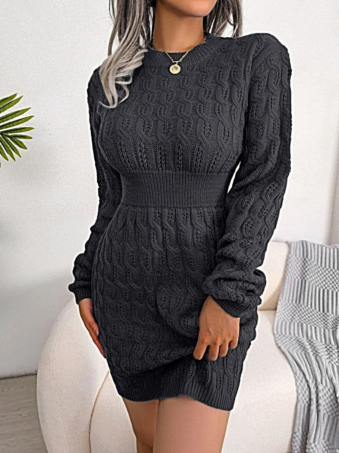 Luxury Cable Knit Sweater Dress with Round Neck and Mini Wrap Design – High-Quality Acrylic -