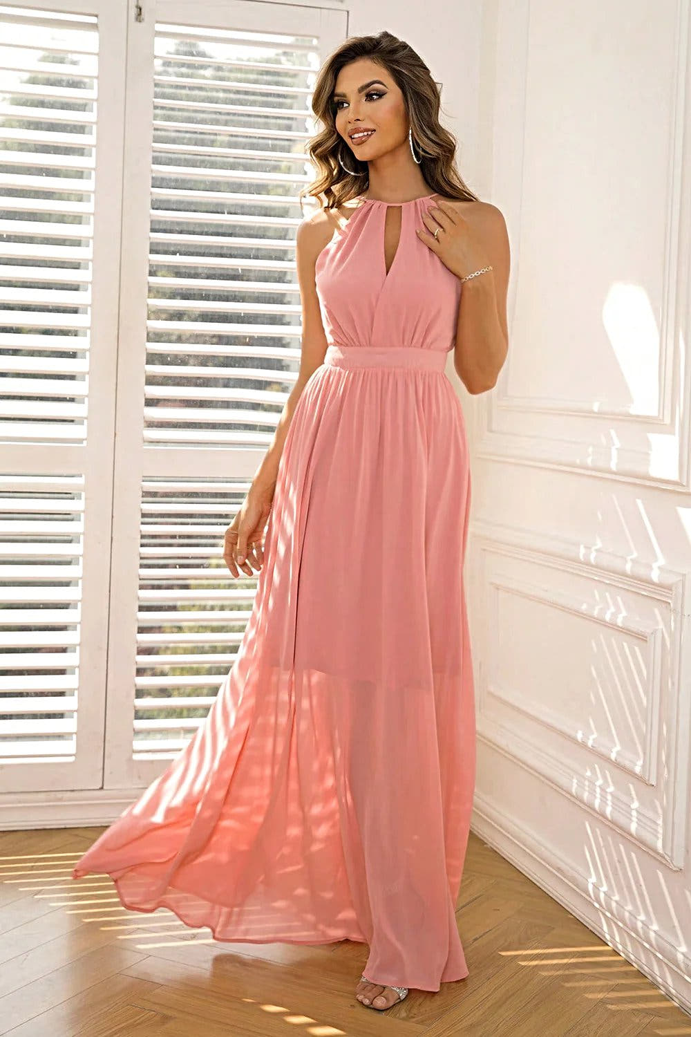 Elegant Tied Cutout Maxi Dress with Ruched Detailing – Slightly Stretchy & Opaque, 100% Polyester Trendsi