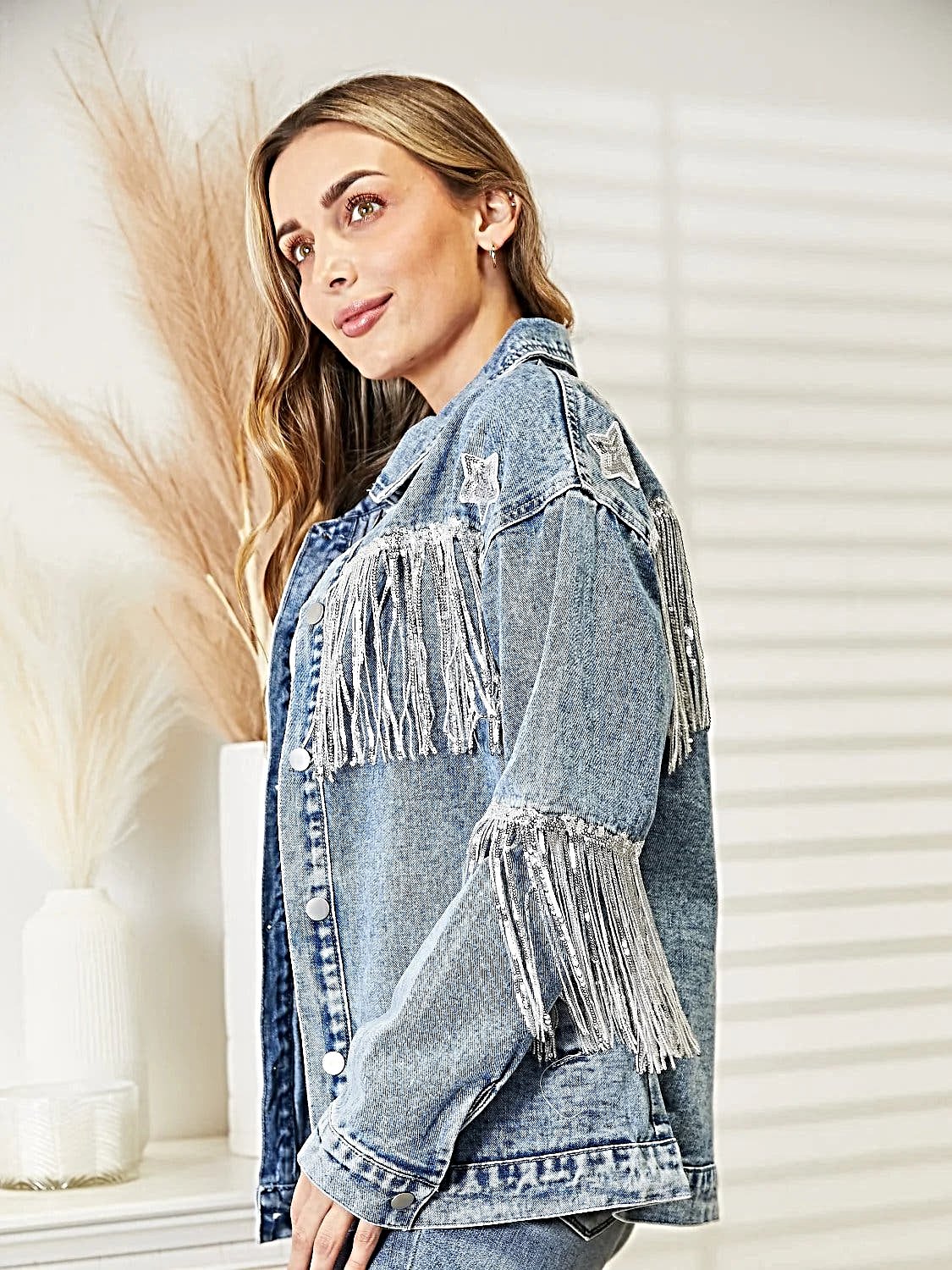 Fringe Detail Long Sleeve Denim Jacket -