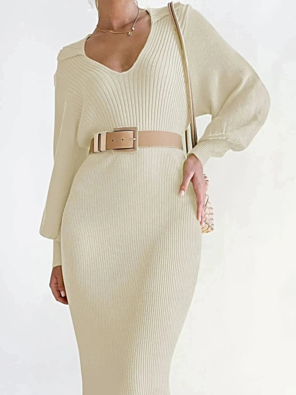 Perfee Tied Long Sleeve Wrap Sweater Dress -
