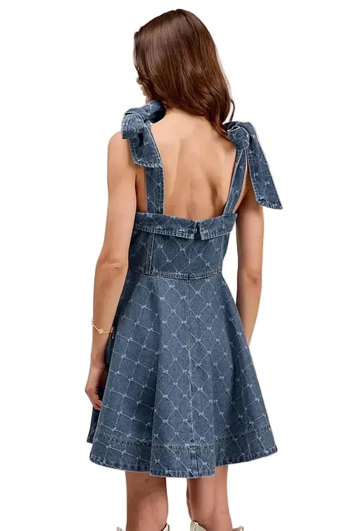 Elegant A-Line Fit and Flare Denim Dress with Diamond Bow Ribbon Detail -
