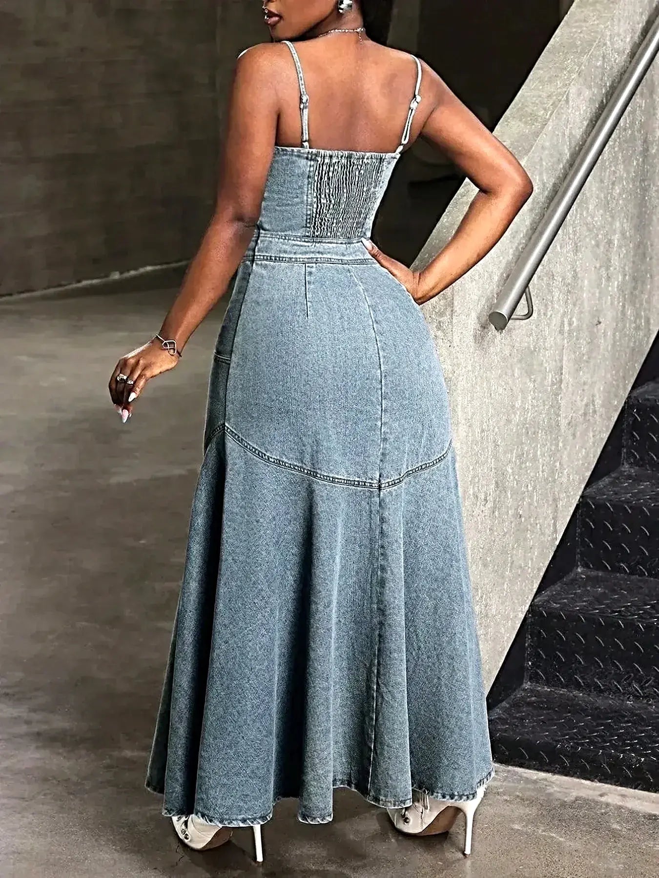 Smocked Button Front Denim Cami Dress -