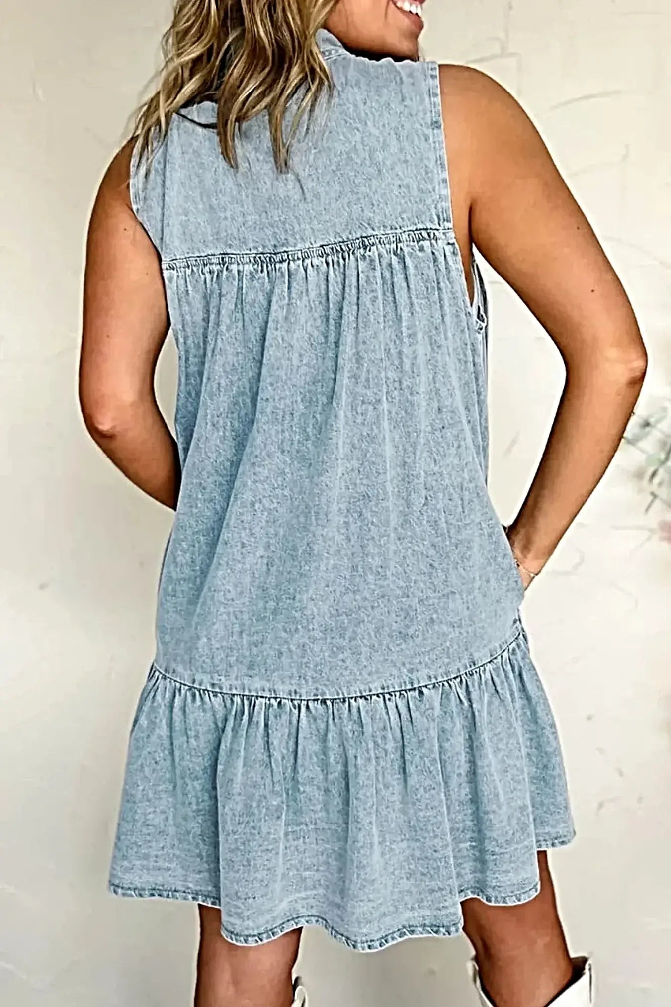 Tie Neck Sleeveless Denim Dress -