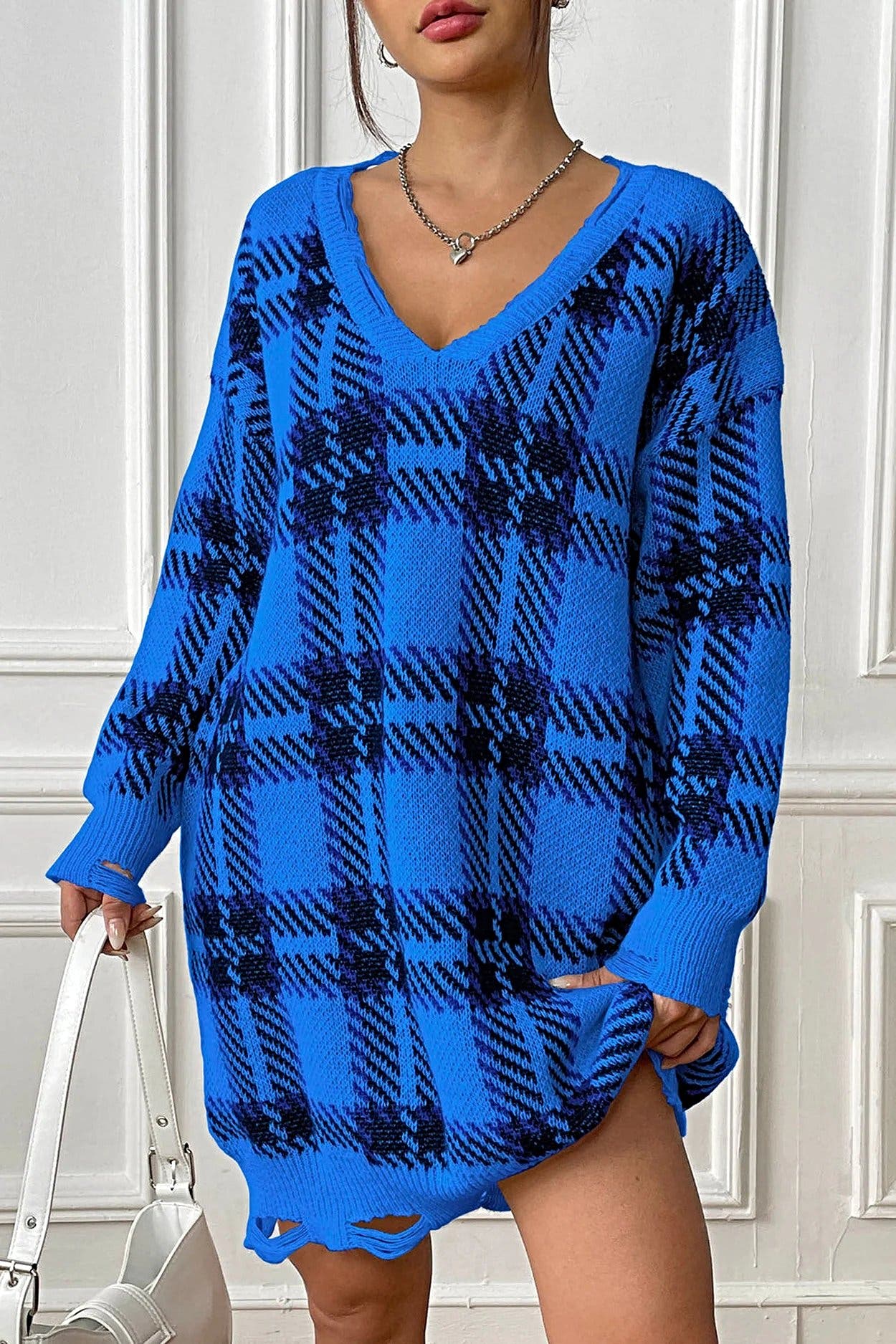 Plaid V-Neck Long Sleeve Sweater Dress -