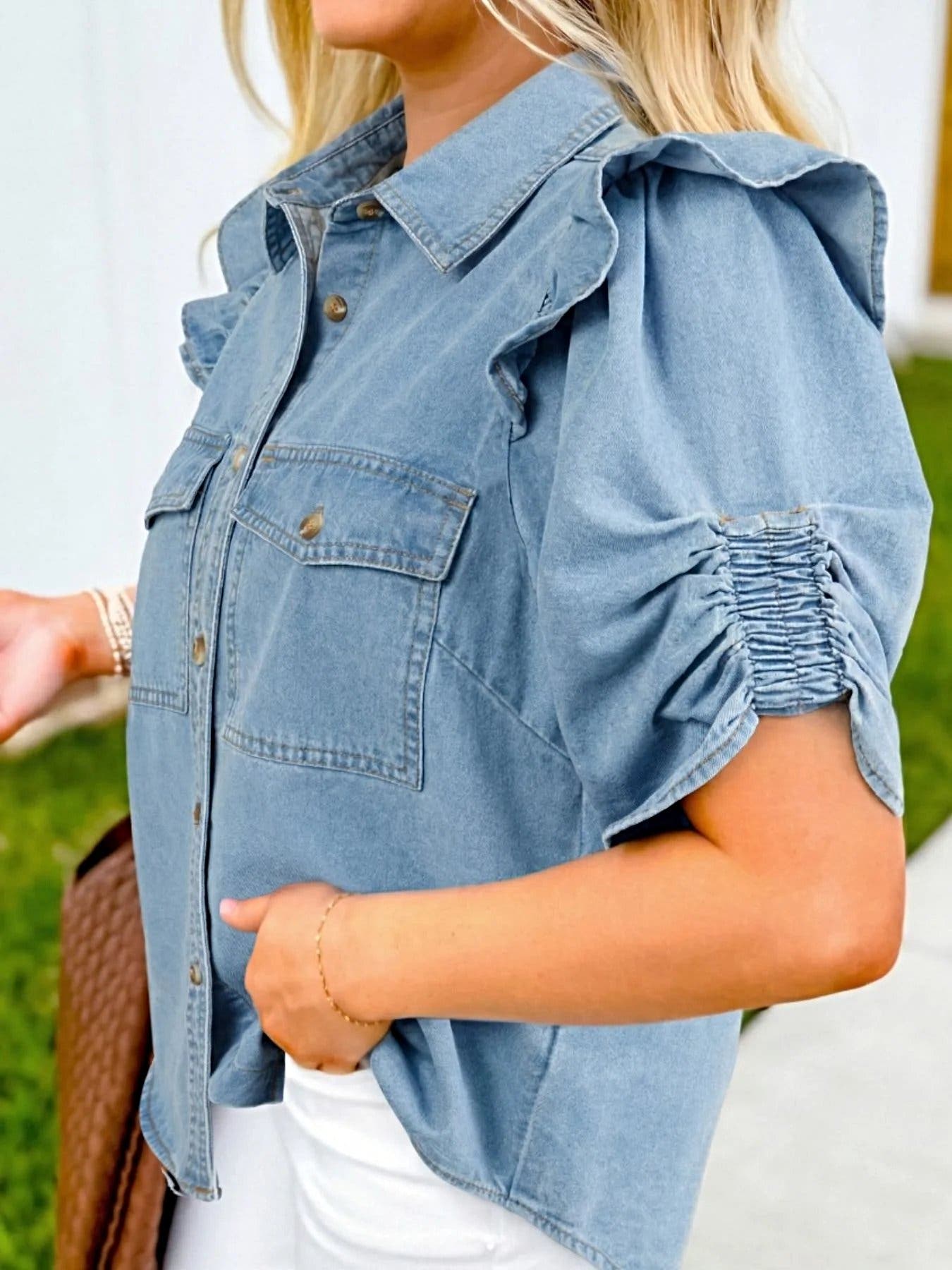 Ruffled Button-Down Denim Shirt -