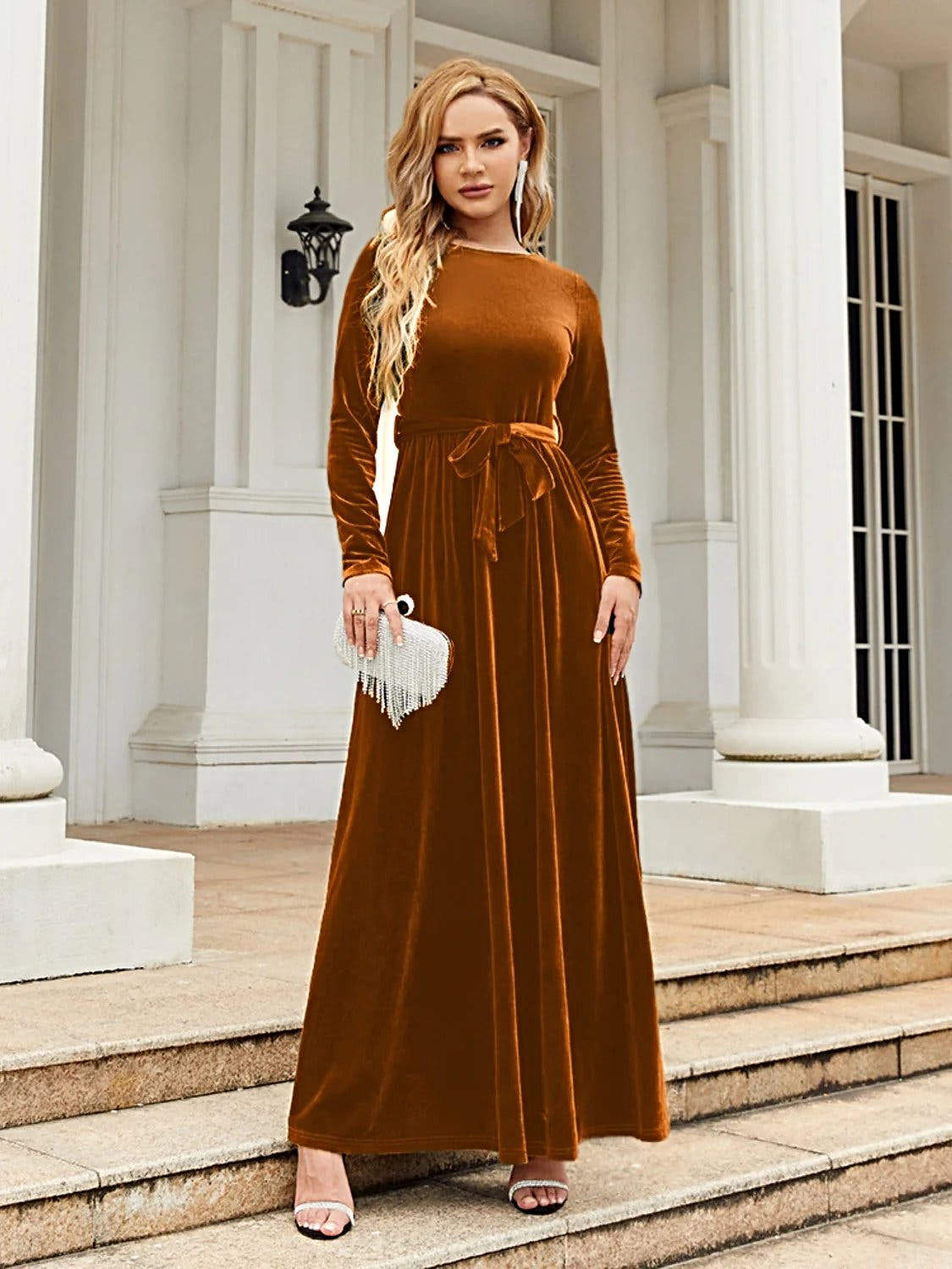 Elegant Tie Front Long Sleeve Maxi Dress in Opaque Polyester – Comfortable and Stylish Trendsi