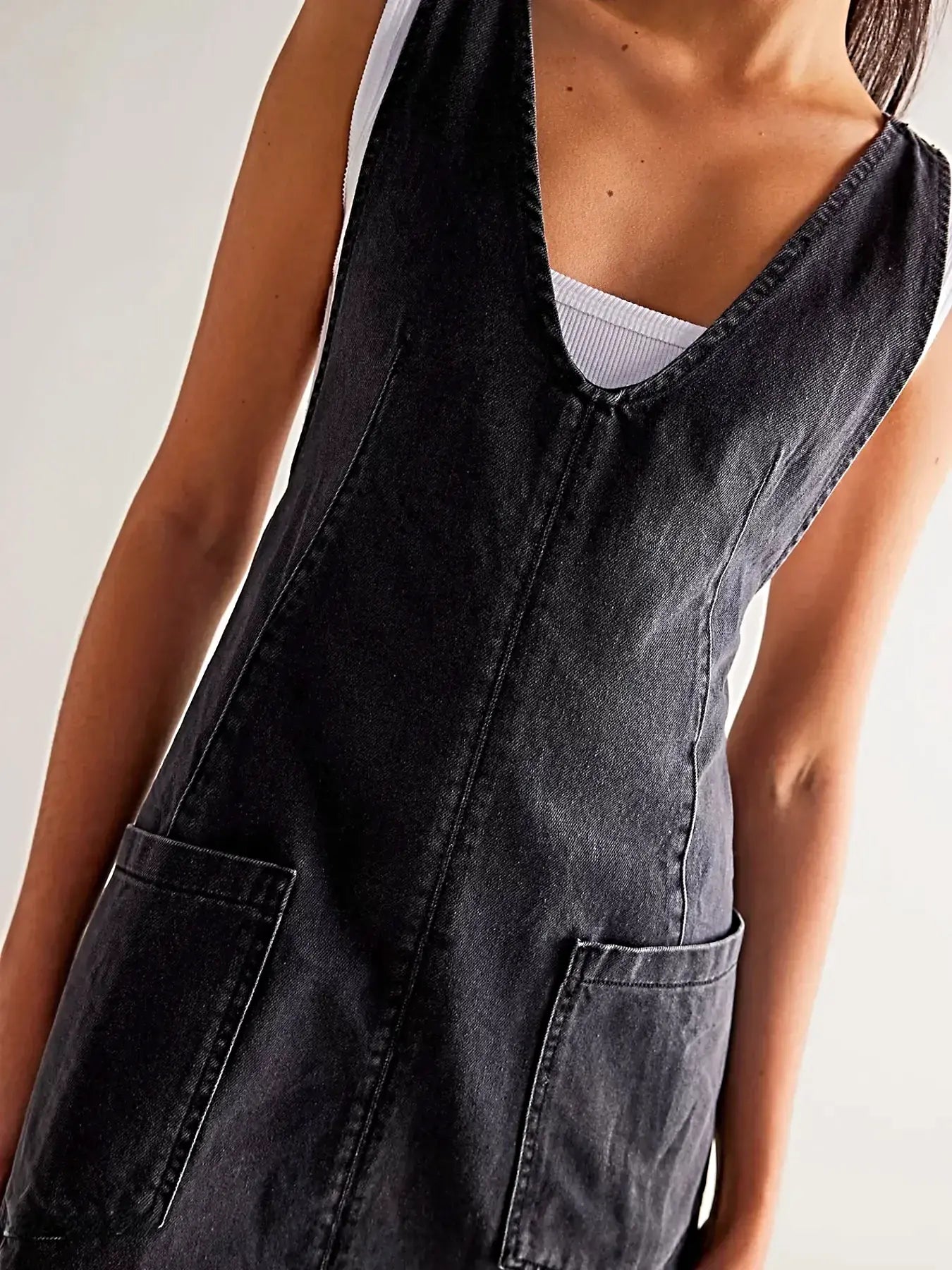Oversized V-Neck Denim Tank Dress with Front Pockets -