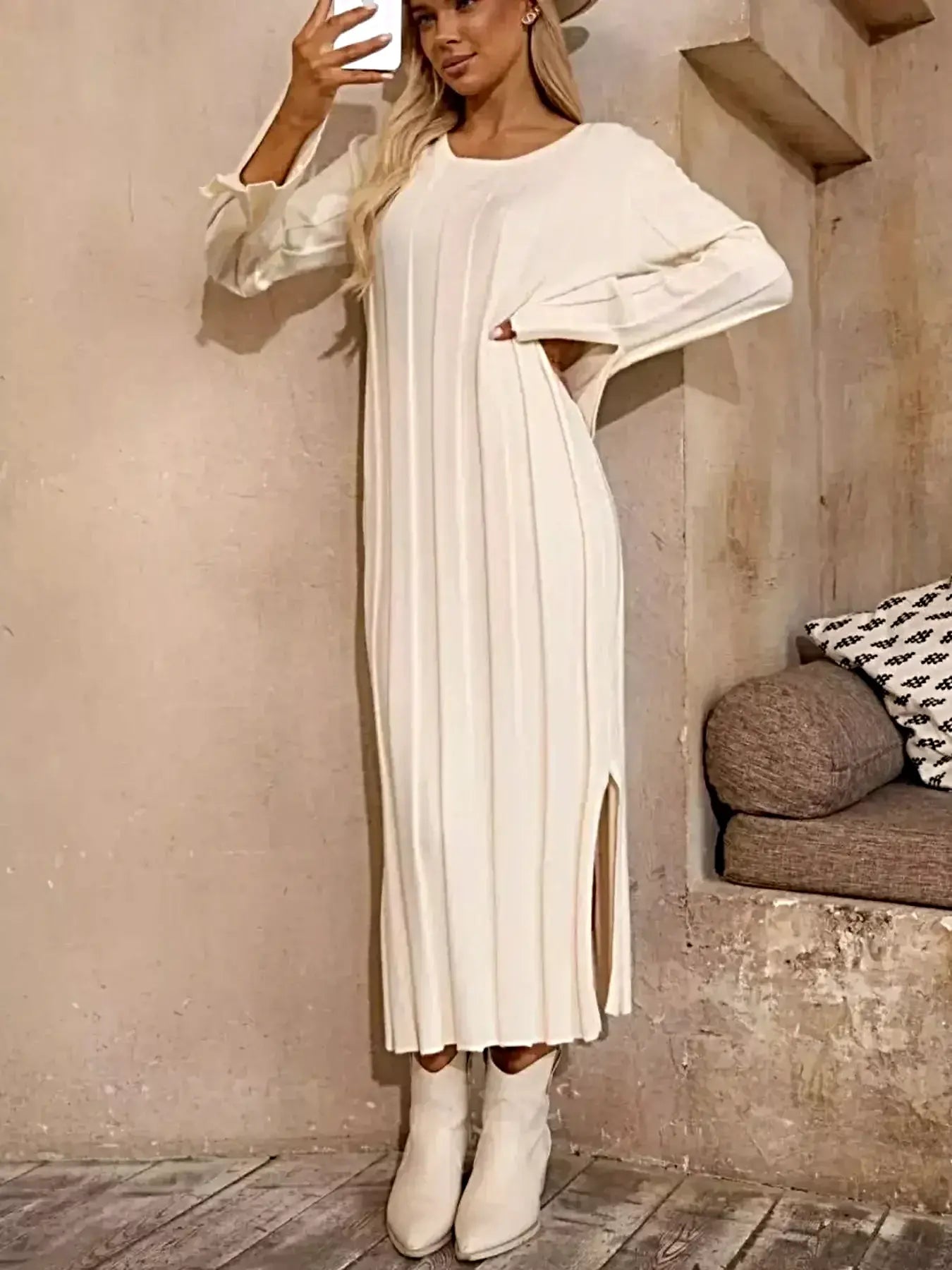 Ribbed Knit Slit Sweater Dress -