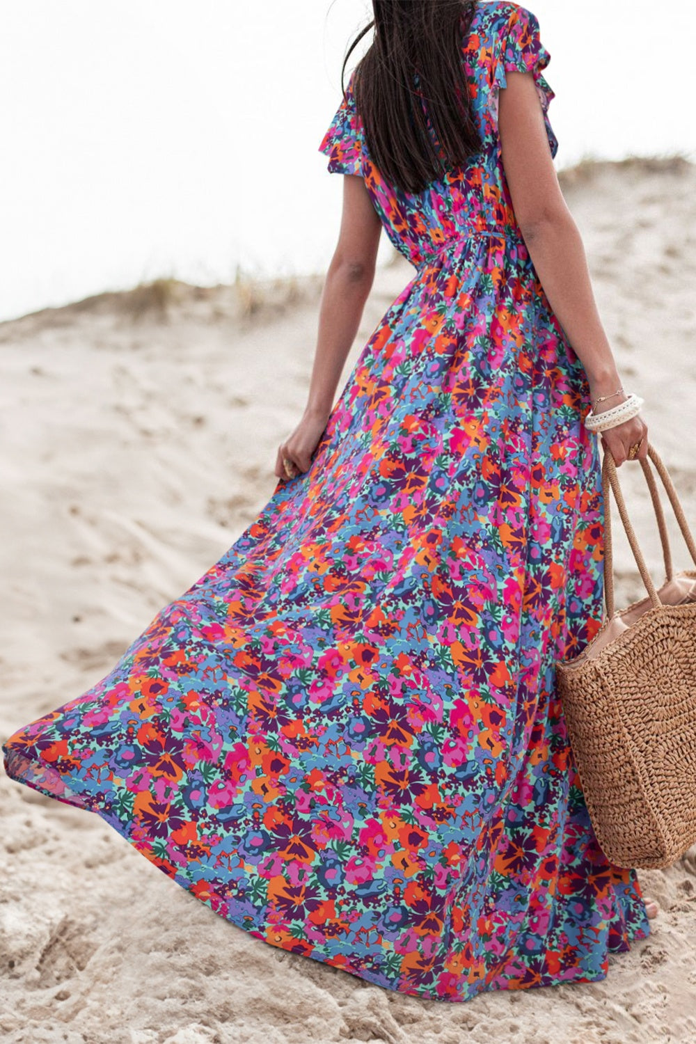 Slit Printed Cap Sleeve Maxi Dress Trendsi