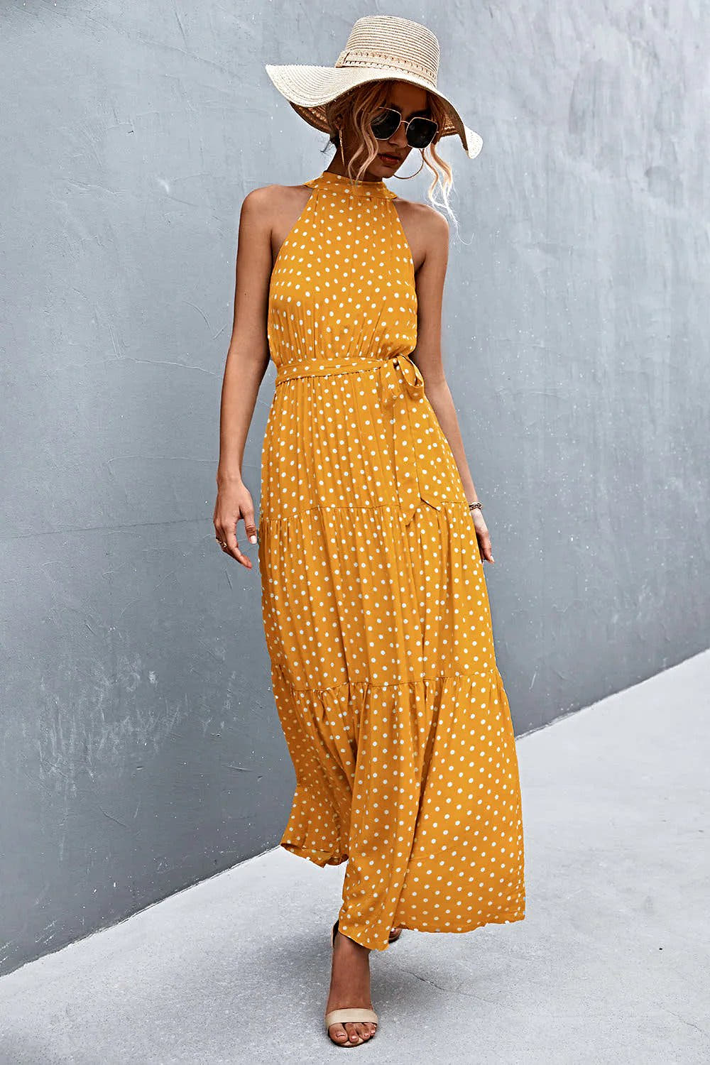 Grecian Printed Tie Waist Maxi Dress with Sleeveless Design and Polka Dot Floral Pattern Trendsi