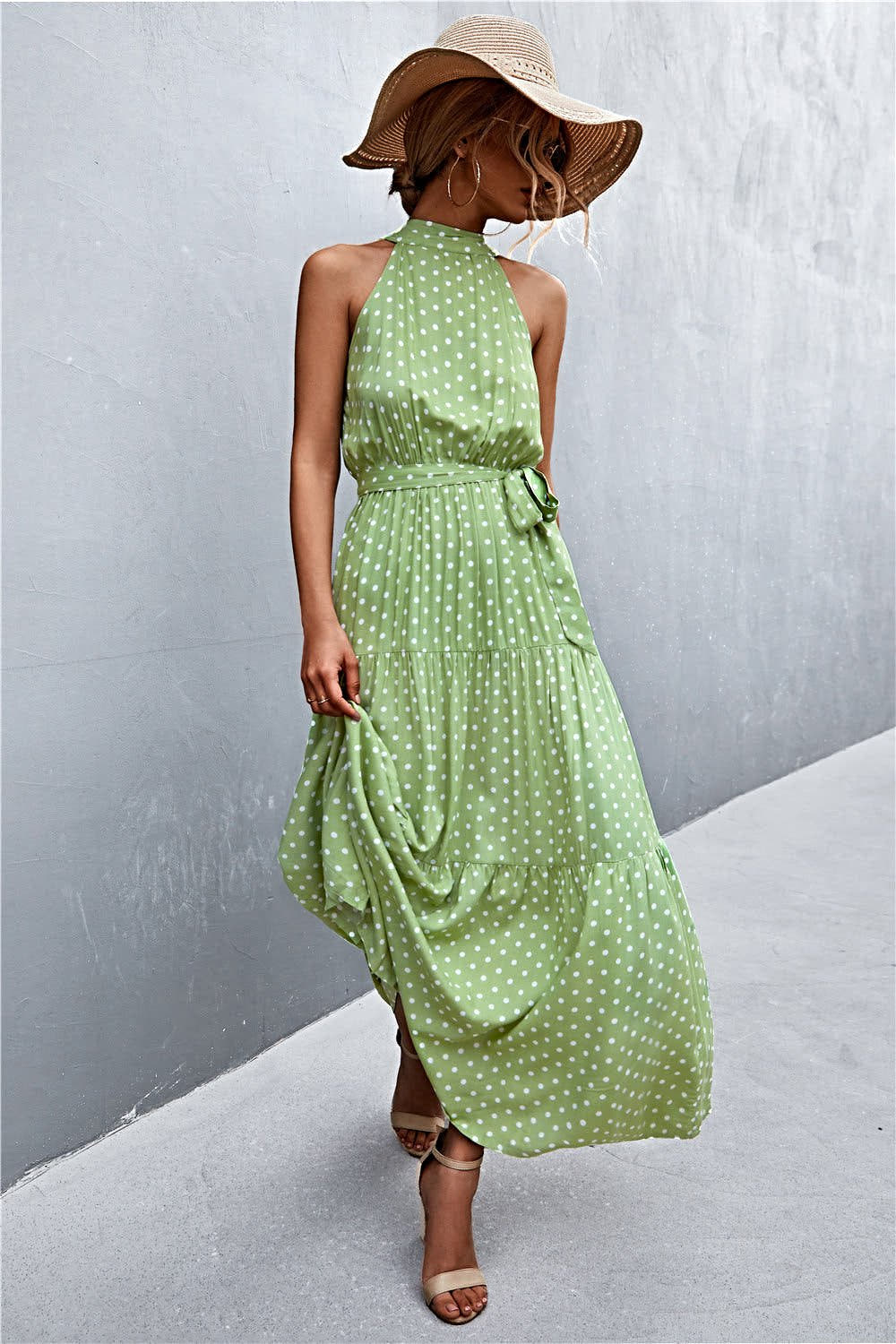 Grecian Printed Tie Waist Maxi Dress with Sleeveless Design and Polka Dot Floral Pattern Trendsi