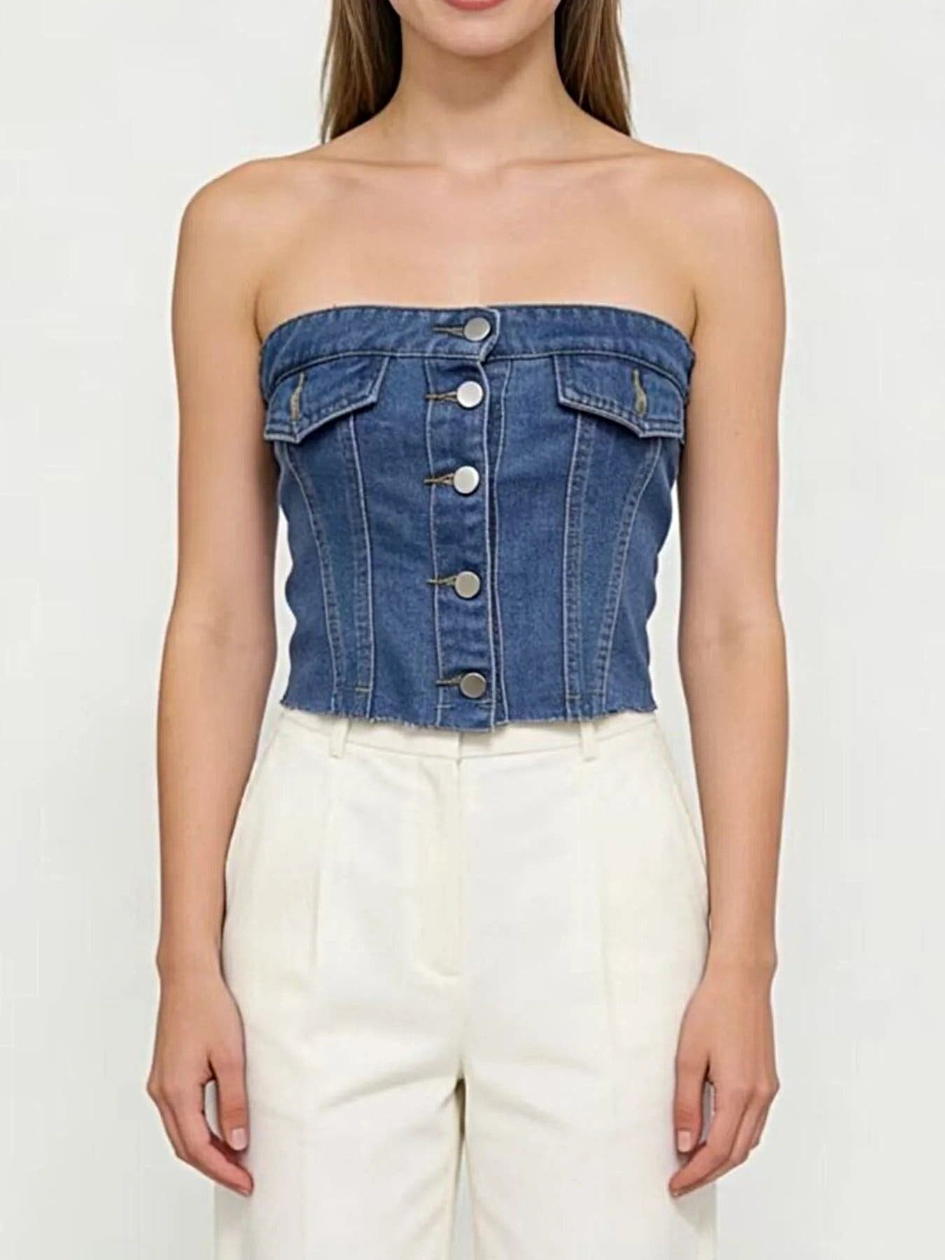 Button Front Denim Tube Top -