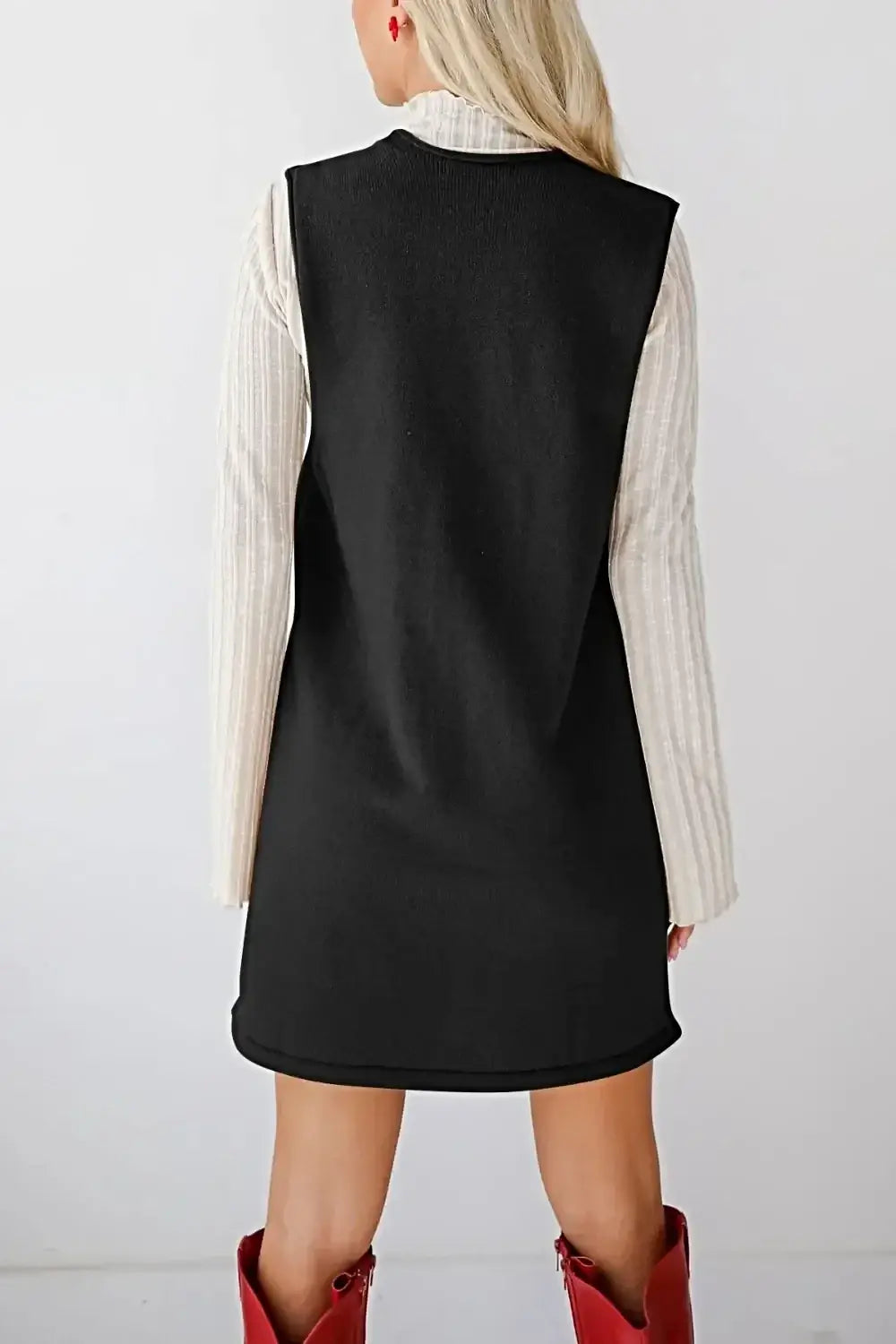 Lovelet Pocketed V-Neck Mini Sweater Overall Dress -