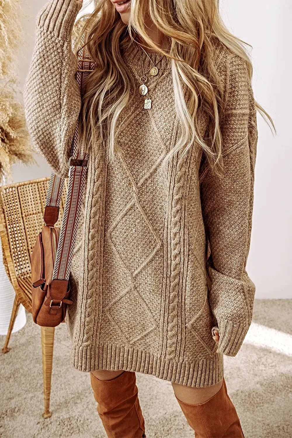 Cable-Knit Round Neck Sweater Dress -
