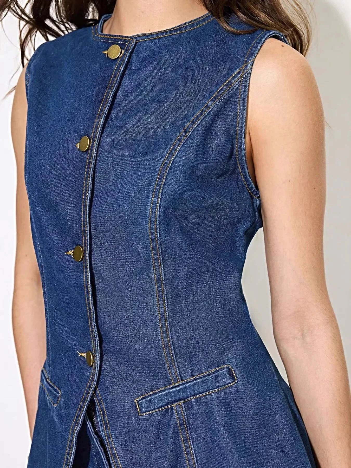 Button Up Sleeveless Denim Top -