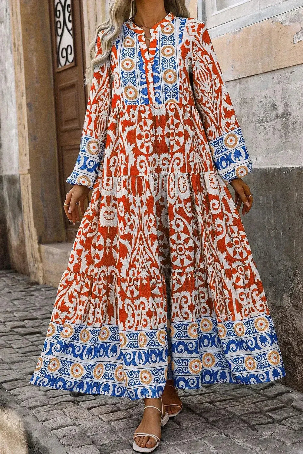 Elegant Printed Maxi Dress with Notched Sleeves - 100% Polyester, Opaque, Basic Style Trendsi