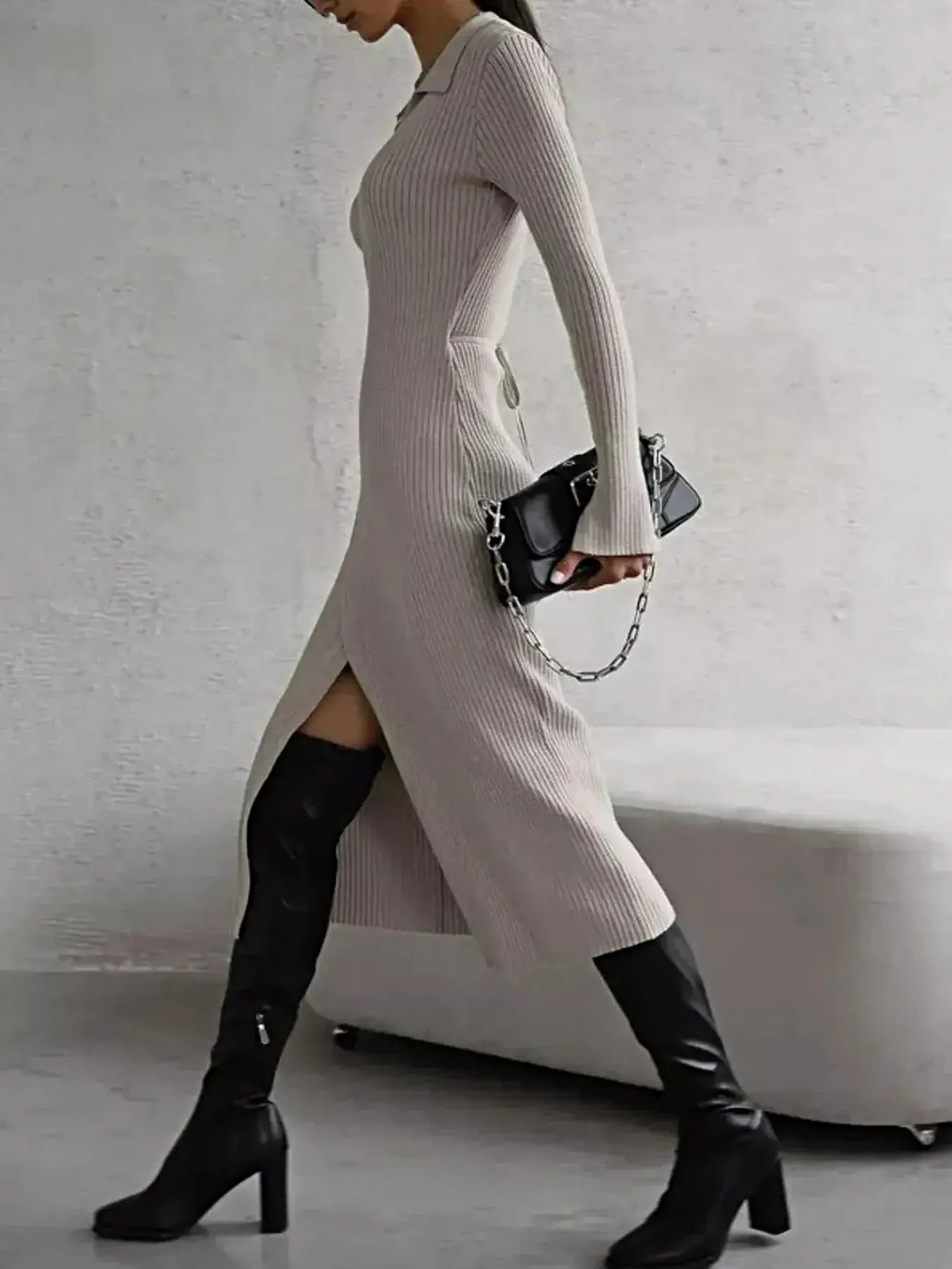 Tied Collared Neck Long Sleeve Sweater Dress -