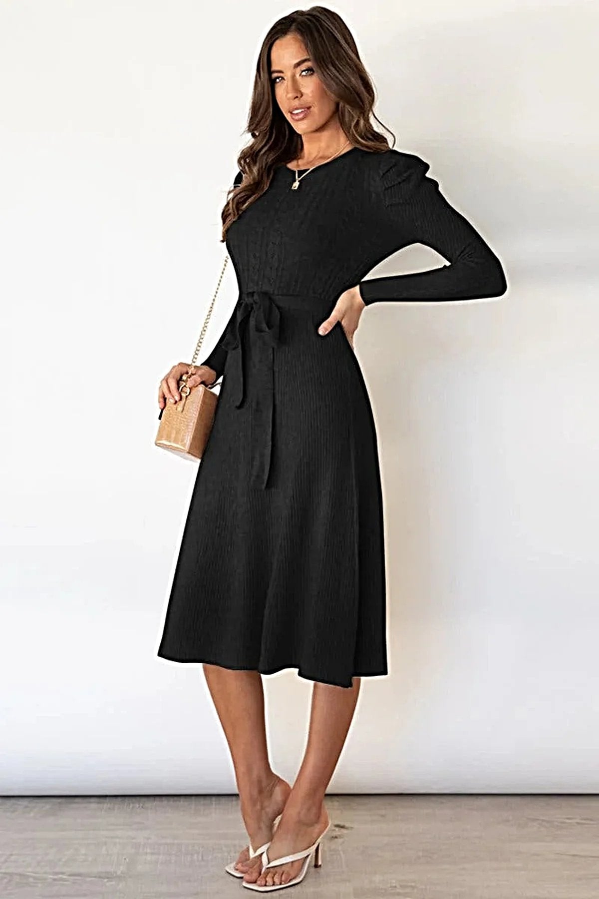 S-2XL • Tie Waist Sweater Dress • Round Neck, Long Sleeves • Stretchy Opaque Fabric -