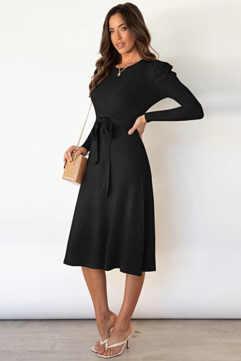Luxury Tie Waist Sweater Dress with Round Neck and Long Sleeves - Highly Stretchy, Opaque Fabric Trendsi