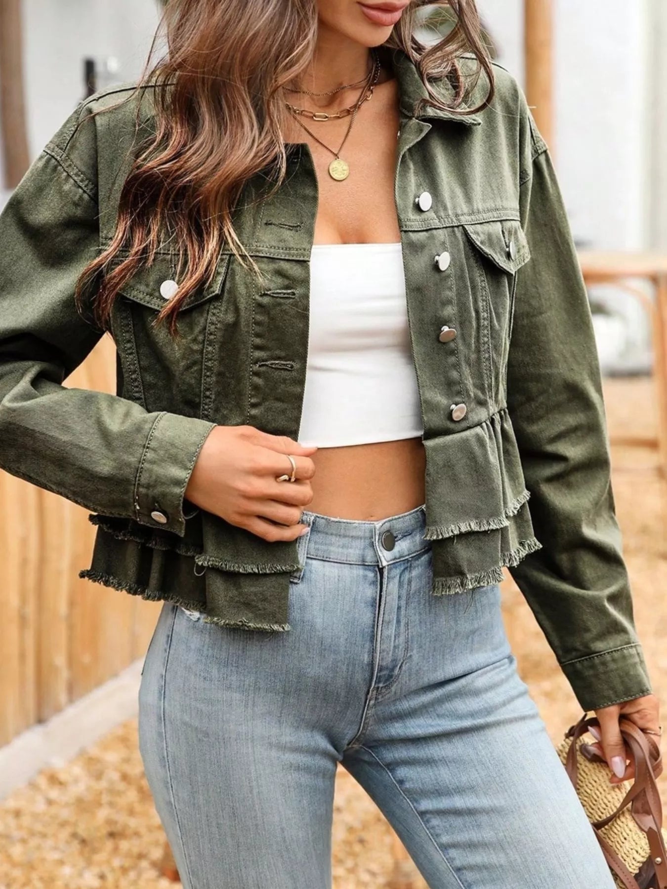 Ruffle Raw Hem Denim Jacket -