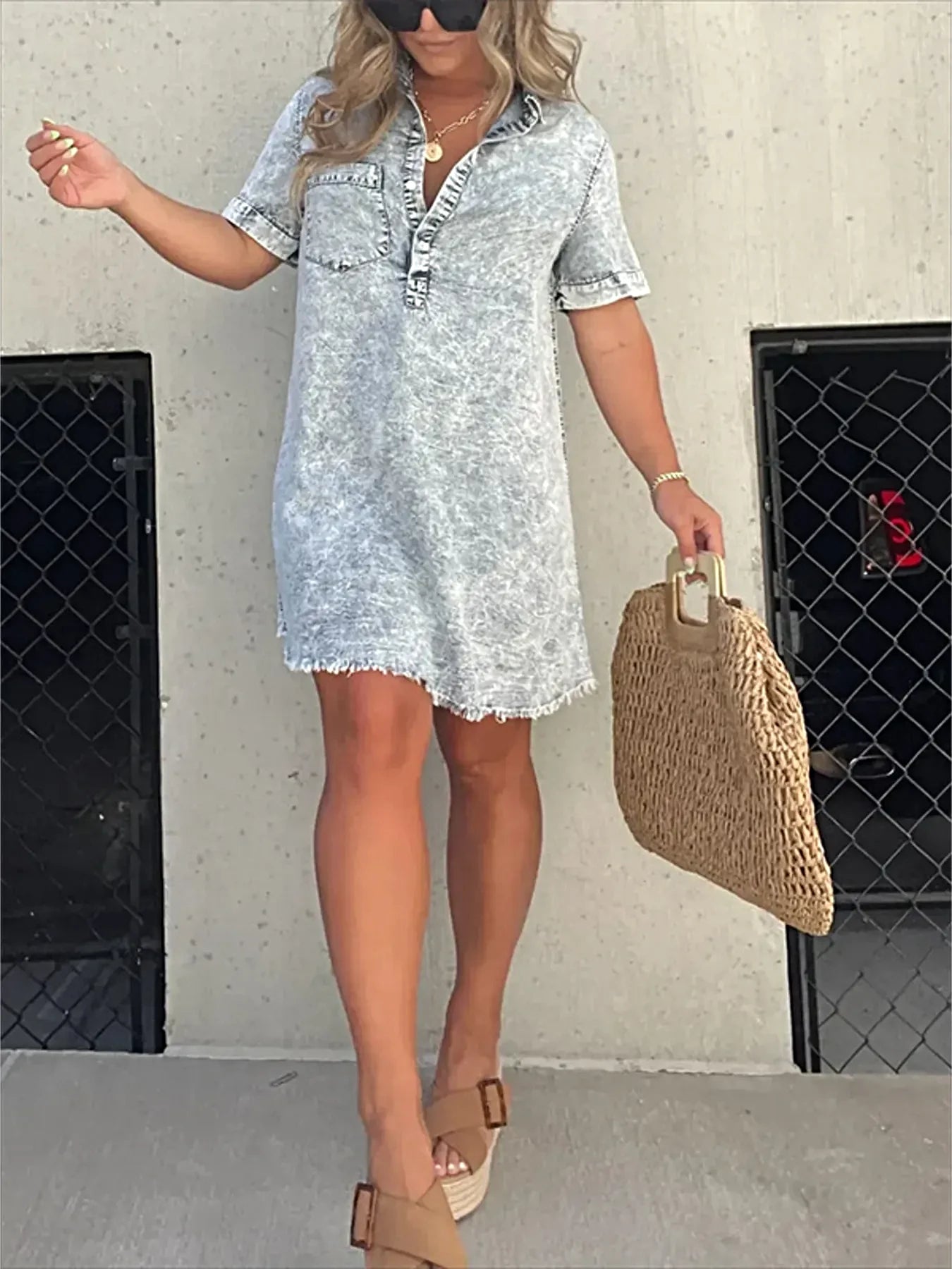 Full Size Raw Hem Short Sleeve Denim Dress Plus Size -